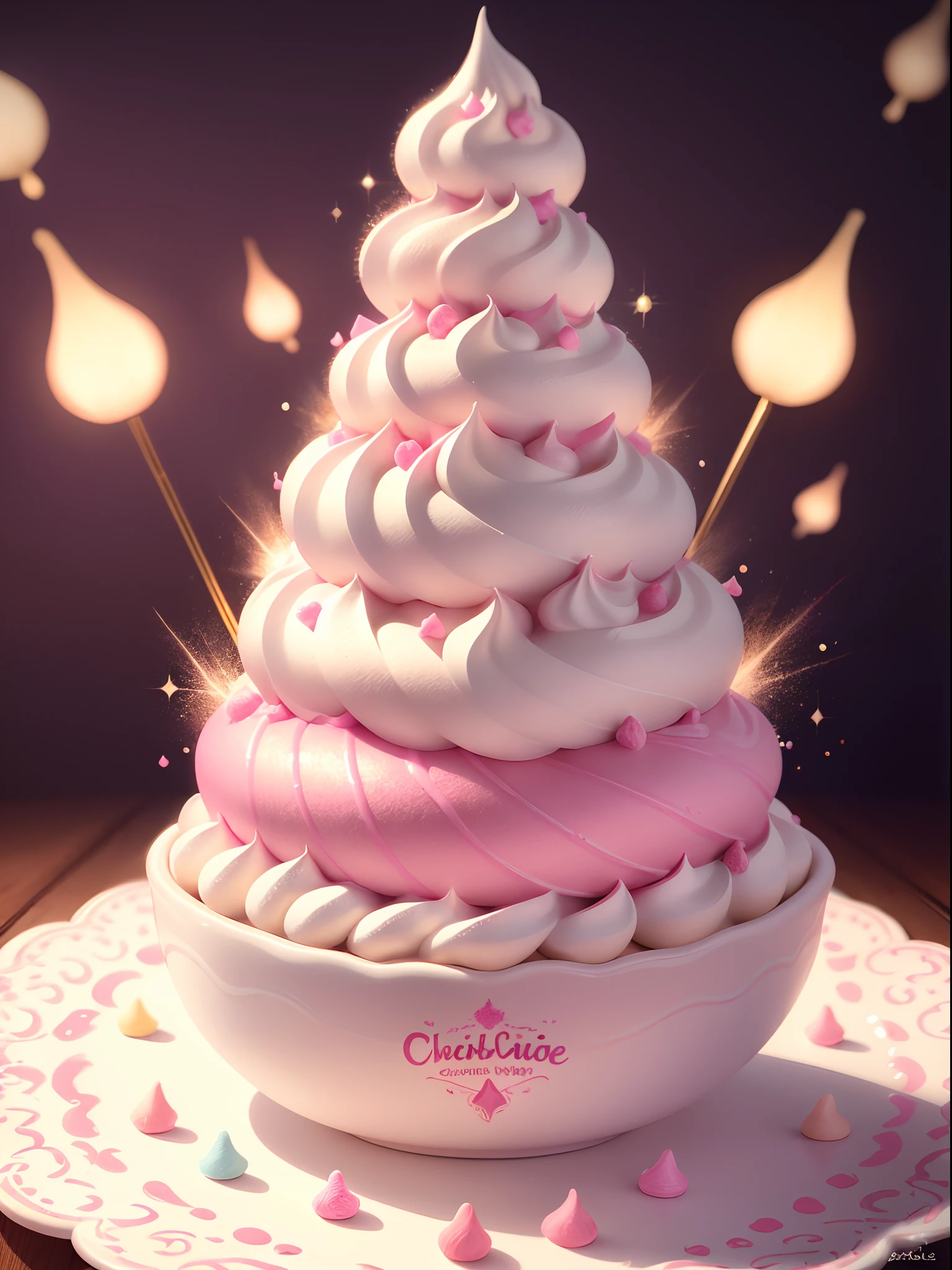 (best quality,ultra-detailed,realistic),huge soft-serve ice cream castle,chocolate toppings,luscious,delicious,happiness,pink and white swirls,crispy cone,melting,scrumptious dessert,fairy tale-like,joyful atmosphere,dreamy,colorful sparkles,whipped cream cloud,magical,towering structure,sweet aroma,irresistible temptation,summertime treat,children's laughter,overflowing happiness,indulgence,playful,whimsical lighting,festive celebration,candy sprinkles,icy-cold delight,vibrant colors,tempting flavors