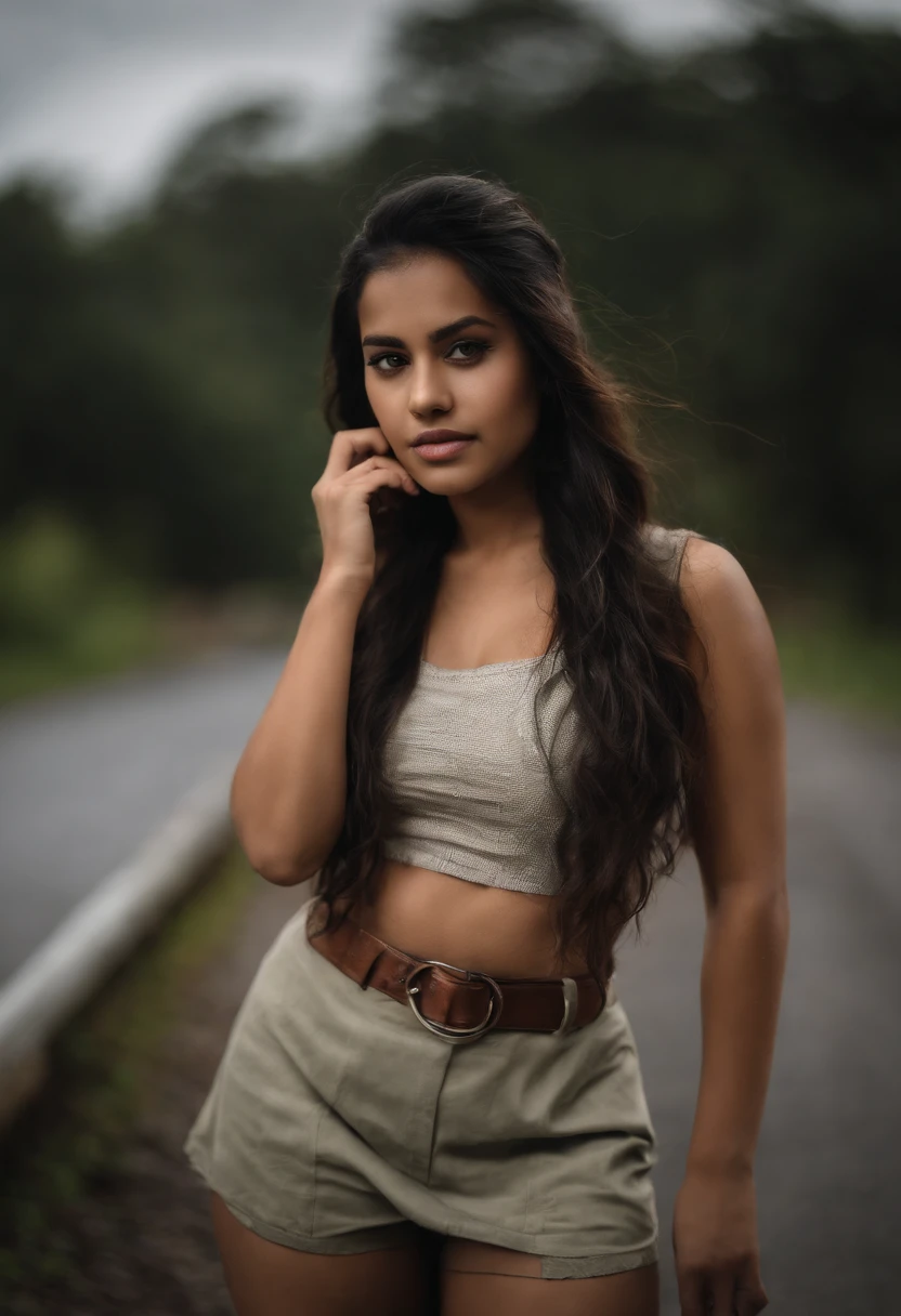 portrait of a indian ager schoolgirl with big boobies, black hair, wearing a mini thigh high school skirt, sexy thighs, big booty, showing her booty, looking back at the viewer, standing on a road, wet hair, raining, realistic, masterpiece, photorealistic, realistic, 8k
