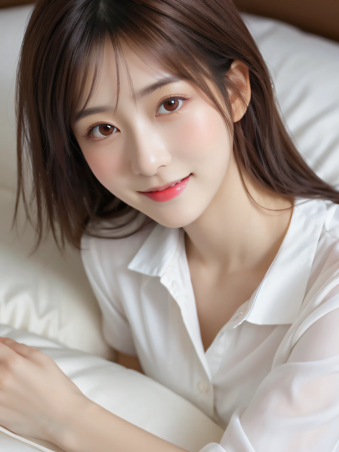 masutepiece, 1 woman per 1photo, Full body shot, Composition looking down at the subject from above, a Japanese young pretty woman, hyper pretty face, 18 years old, Wearing an unbuttoned silky satin white shirt with white collar, busty, Wet body, Glossy lips, Big smile, Glamorous figure, Lying on your back with your legs spread on the silk bed, a silk pillow, Silk bed sheets, Double eyelids in both eyes, Natural makeup, long eyelashes, shiny smooth light brown hair, asymmetrical bangs, Tanned skin, central image, 8K resolution, high detailing, detailed hairstyle, Detailed face, spectacular movie lighting, Octane Rendering, Vibrant, Hyper realistic, Perfect limbs, Perfect Anatomy