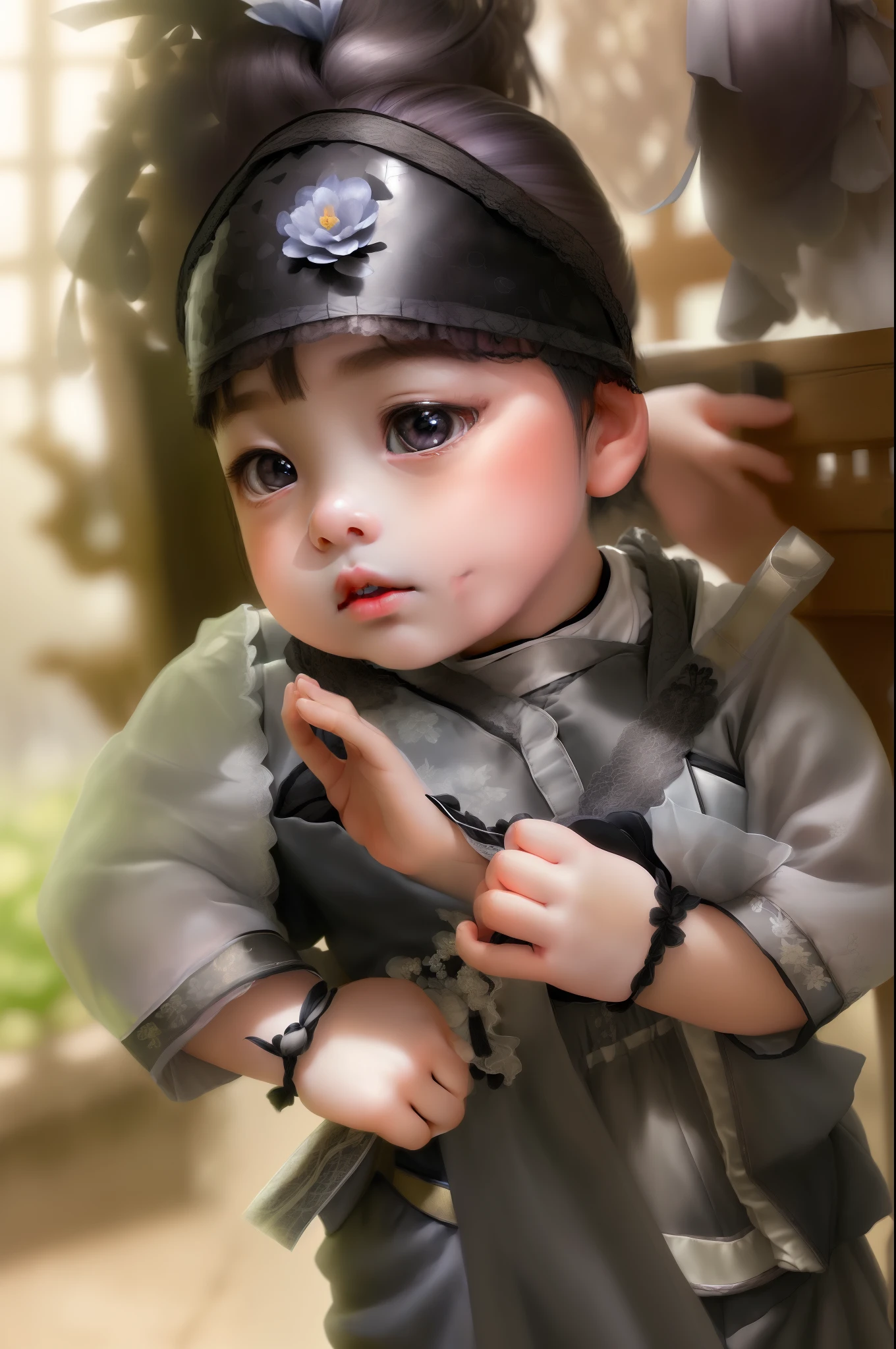 (Little girl:1.5),Lace,ribbon,Hanfu,(Masterpiece, side-lighting, Beautiful gray eyes with fine and detailed details: 1.2), Masterpiece, Realistic, Glowing eyes,Shiny hair,Black hair,long whitr hair, Glossy glossy skin, Solo, embarressed,No shoulder strap,Exquisite,prettify,sonoko,Flowers,flying petal,