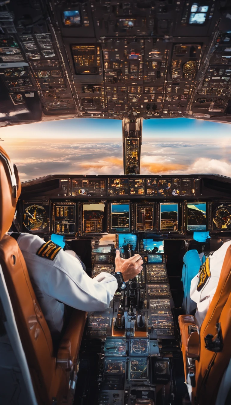 masterpiece, Portrait of a male pilot sitting in the cockpit, The pilot wears an Acrisp suit., Custom-designed flight suits,Embellished with scarves and patches that represent their experience and expertise.. The pilot wears the captain's helmet., Cockpit interior scene in cinema, Take a warm bath., Golden Light,Encapsulate the essence of aviation. The cockpit is filled with illuminated panels, dials and buttons., Convey a sense of precision and control. The pilot was looking at the dashboard and pressed a button through the transparent roof., A majestic view of the vast sky spreads out., Spot with fluffy white clouds and streaks of sunlight against other commercial planes flying in the background., The pilot's hand gently grasped the control yoke. , epic scene, vibrant colours, Full HD, Dynamic lighting, Ultra-high detail, dramatic light, Movie Poster Style, Asymmetrical composition, photorealistic portrait, unreal engine, Concept Art