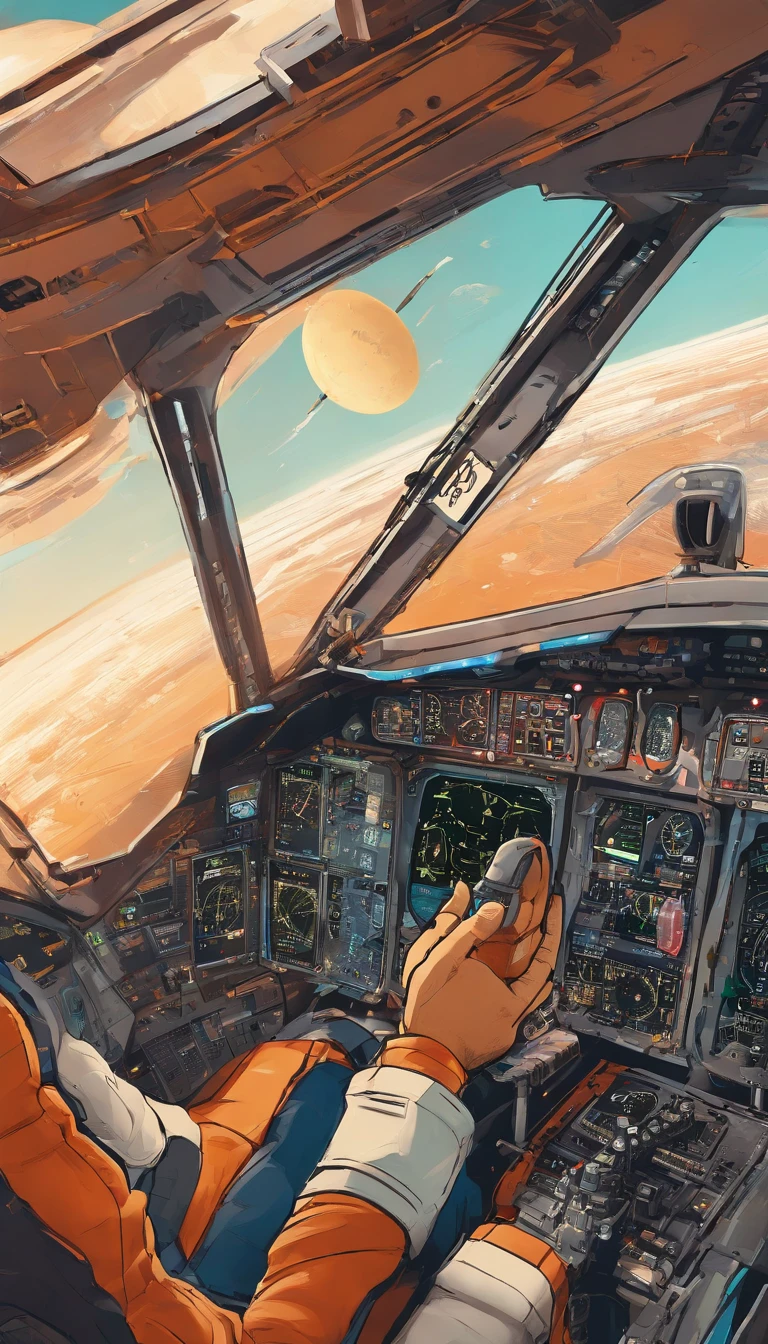 masterpiece, Portrait of a male pilot sitting in the cockpit, The pilot wears an Acrisp suit., Custom-designed flight suits,Embellished with scarves and patches that represent their experience and expertise.. The pilot wears the captain's helmet., Cockpit interior scene in cinema, Take a warm bath., Golden Light,Encapsulate the essence of aviation. The cockpit is filled with illuminated panels, dials and buttons., Convey a sense of precision and control. The pilot was looking at the dashboard and pressed a button through the transparent roof., A majestic view of the vast sky spreads out., Spot with fluffy white clouds and streaks of sunlight against other commercial planes flying in the background., The pilot's hand gently grasped the control yoke. , epic scene, vibrant colours, Full HD, Dynamic lighting, Ultra-high detail, dramatic light, Movie Poster Style, Asymmetrical composition, photorealistic portrait, unreal engine, Concept Art