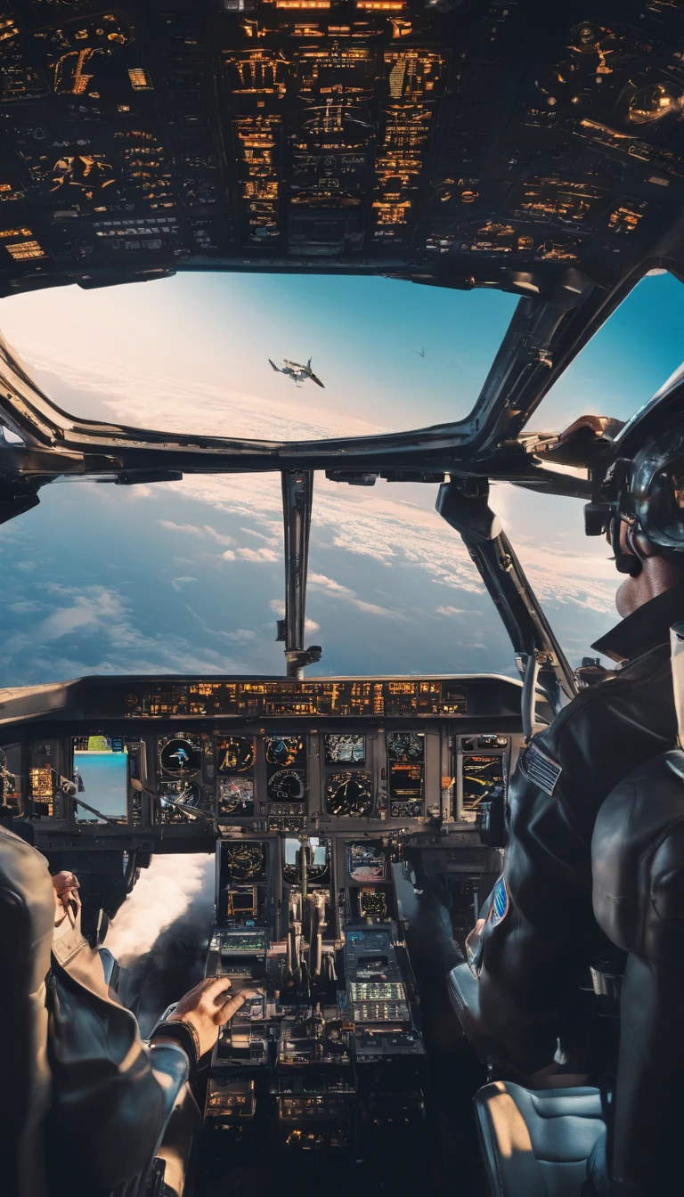 masterpiece, Portrait of a male pilot sitting in the cockpit, The pilot wears an Acrisp suit., Custom-designed flight suits,Embellished with scarves and patches that represent their experience and expertise..  The pilot wears the captain's helmet., Cockpit interior scene in cinema, Take a warm bath., Golden Light,Encapsulate the essence of aviation. The cockpit is filled with illuminated panels, dials and buttons., Convey a sense of precision and control. The pilot was looking at the dashboard and pressed a button through the transparent roof., A majestic view of the vast sky spreads out., Spot with fluffy white clouds and streaks of sunlight against other commercial planes flying in the background., The pilot's hand gently grasped the control yoke. , epic scene, vibrant colours, Full HD, Dynamic lighting, Ultra-high detail, dramatic light, Movie Poster Style, Asymmetrical composition, photorealistic portrait, unreal engine, Concept Art