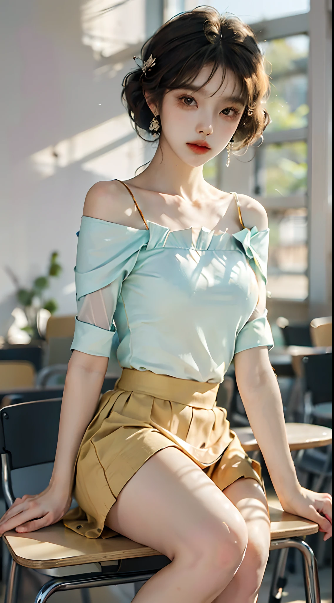((full body)), ((realistic)), ((Front Shooting)), ((Sit Pose)), ((off shoulder clothes)), inside a classroom, 1girll, Asian model, curlies, Beautiful hair accessories, Brownish-yellow hair,((whitet-shirt, black short skirt)), Campus style, (warm lights, a warm color palette), Detailed details, ultra-detailliert, (tmasterpiece, best qualtiy), (An extremely delicate and beautiful work), Delicate earrings, Simple blurred background, Extreme detail description, Ultra-fine painting, Delicate face, slim toned body