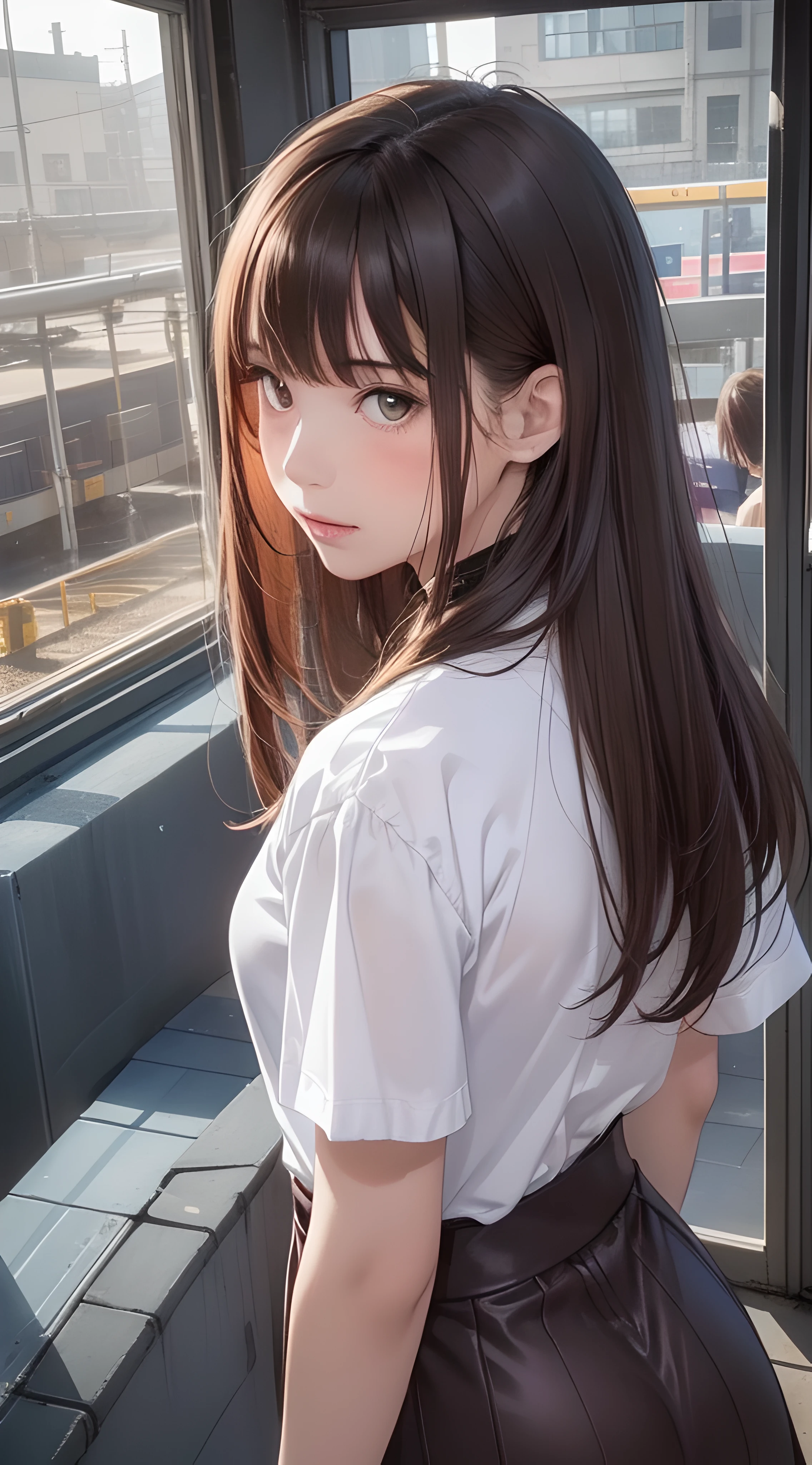 (1girl:1.3), (photorealistic:1.4), (masterpiece, top quality, best quality, official art), extreme detailed, highest detailed, (ultra-detailed), ((an extremely delicate and beautiful)), cinematic light,  contemporary, 
silky long hair, (brown hair), 
she standing at the station, in evening, 
shirt, long skirt, 
upper body, from above, 
shy, blush, (looking back:1.4)