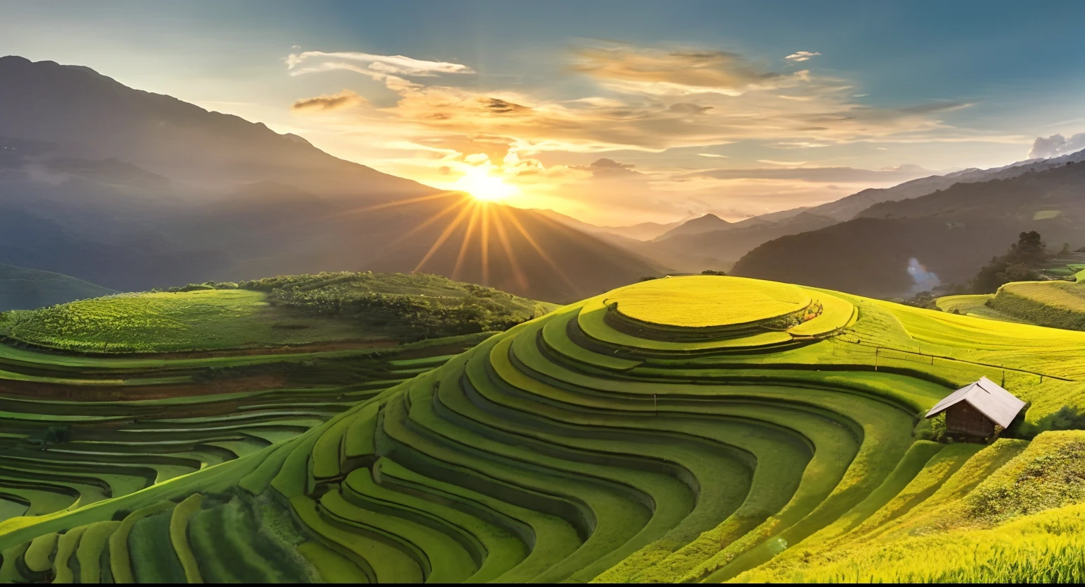 a close up of a field with a house on it, grass spiral mountain landscape, vietnam, rice paddies, vibrant and vivid, breathtaking scenery, sunrise light, beautiful surroundings, sun shining, radiating golden light, golden morning light, natural morning light, rolling green hills, sun is shining, golden hour sunlight, beautiful sunny day, stunning nature in background