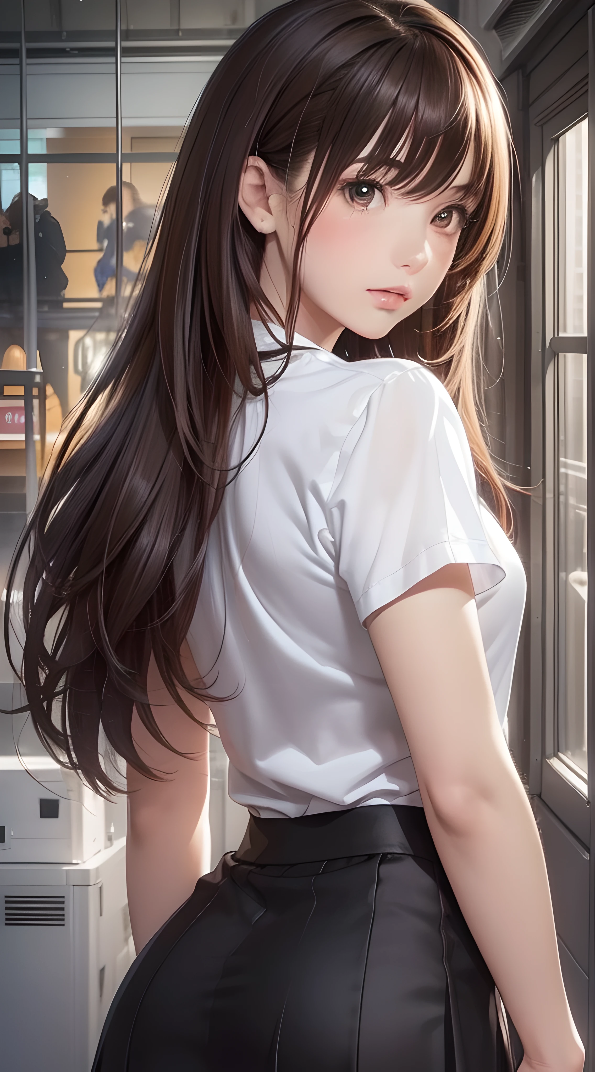 (1girl:1.3), (photorealistic:1.4), (masterpiece, top quality, best quality, official art), extreme detailed, highest detailed, (ultra-detailed), ((an extremely delicate and beautiful)), cinematic light,  contemporary, 
silky long hair, (brown hair), 
she standing at the station, in evening, 
shirt, long skirt, 
upper body, from above, 
shy, blush, (looking back:1.4)