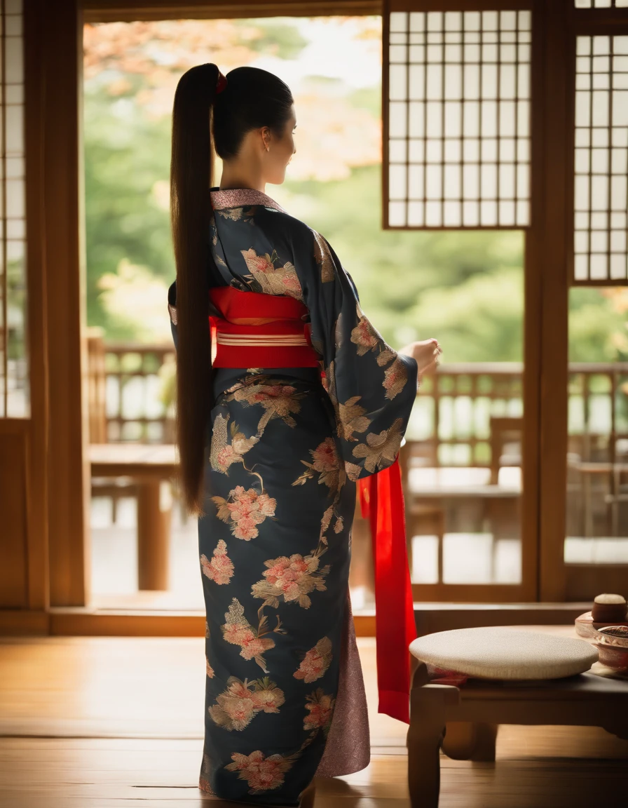 (((Model body type)))(((Sexy Body)))(((large full breasts)))(((bulging areol)))(((bulging papillae)))(((long hair that grows to the waist)))((((Pony tail))))Girl in kimono standing on wooden deck, In a luxurious kimono, Wearing sexy Japanese clothes, japanese kimono, bathrobe, pale and coloured kimono, Wearing a kimono, Classic kimono, classy yukata clothing, Kimono,Red kimono with star pattern, komono, A Japanese style, in a kimono, traditional japanese, wearing a haori, hakama kimono spoiled child kindly smile