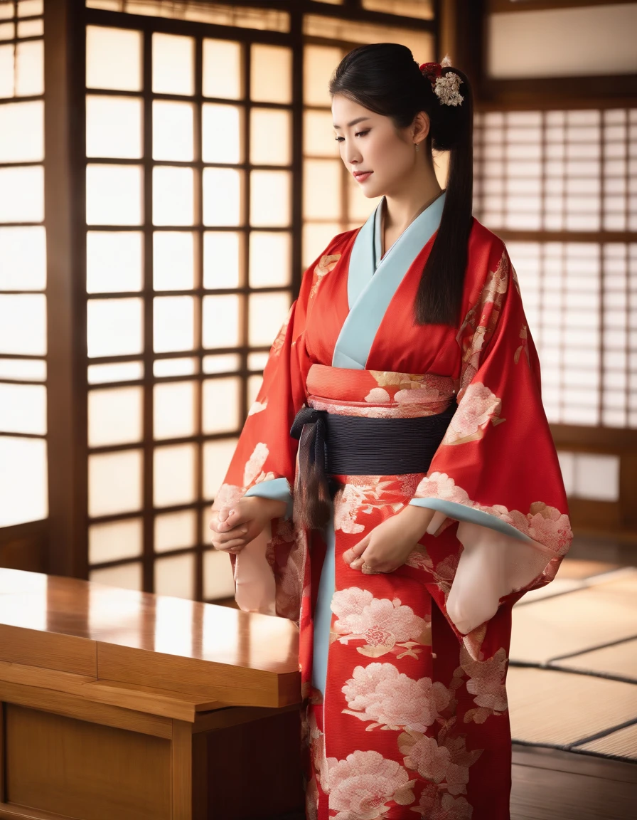 (((Model body type)))(((Sexy Body)))(((large full breasts)))(((bulging areol)))(((bulging papillae)))(((long hair that grows to the waist)))((((Pony tail))))Girl in kimono standing on wooden deck, In a luxurious kimono, Wearing sexy Japanese clothes, japanese kimono, bathrobe, pale and coloured kimono, Wearing a kimono, Classic kimono, classy yukata clothing, Kimono,Red kimono with star pattern, komono, A Japanese style, in a kimono, traditional japanese, wearing a haori, hakama kimono spoiled child kindly smile
