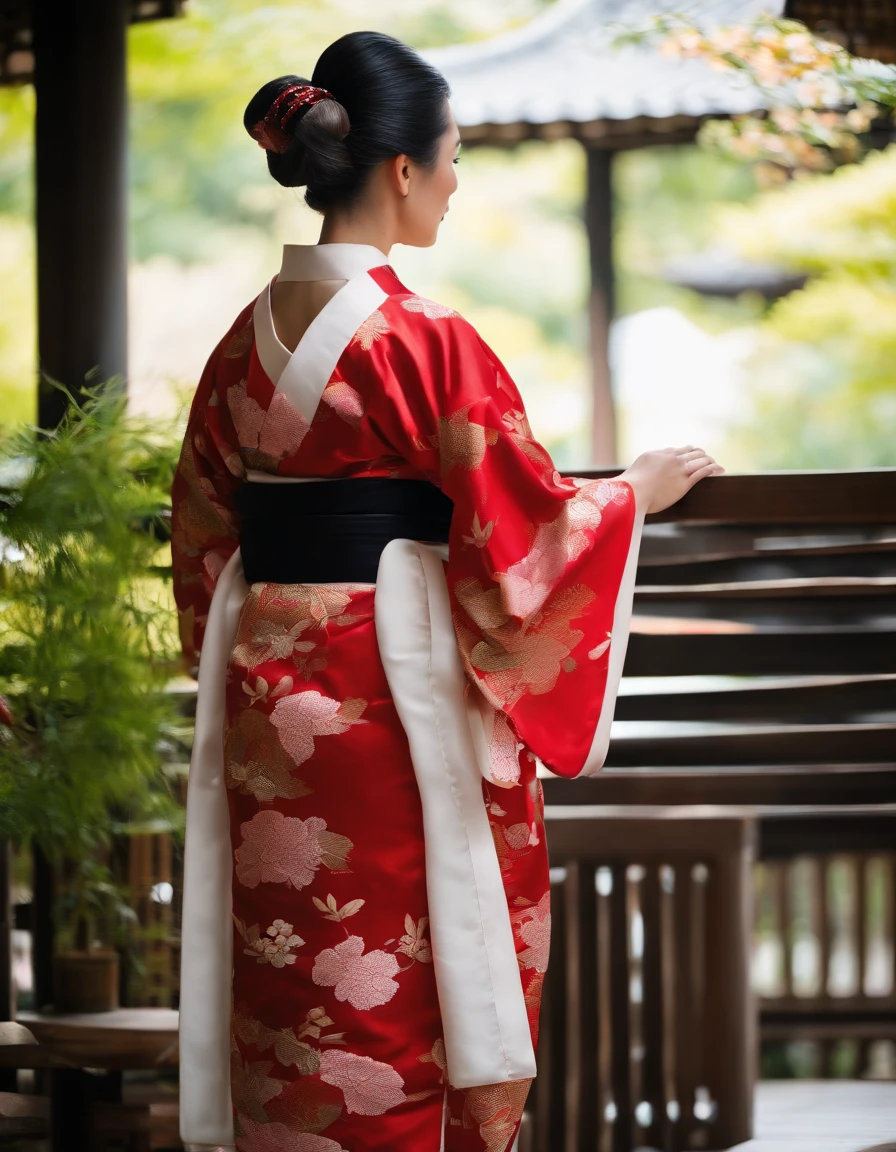 (((Model body type)))(((Sexy Body)))(((large full breasts)))(((bulging areol)))(((bulging papillae)))(((long hair that grows to the waist)))((((Pony tail))))Girl in kimono standing on wooden deck, In a luxurious kimono, Wearing sexy Japanese clothes, japanese kimono, bathrobe, pale and coloured kimono, Wearing a kimono, Classic kimono, classy yukata clothing, Kimono,Red kimono with star pattern, komono, A Japanese style, in a kimono, traditional japanese, wearing a haori, hakama kimono spoiled kindly smile