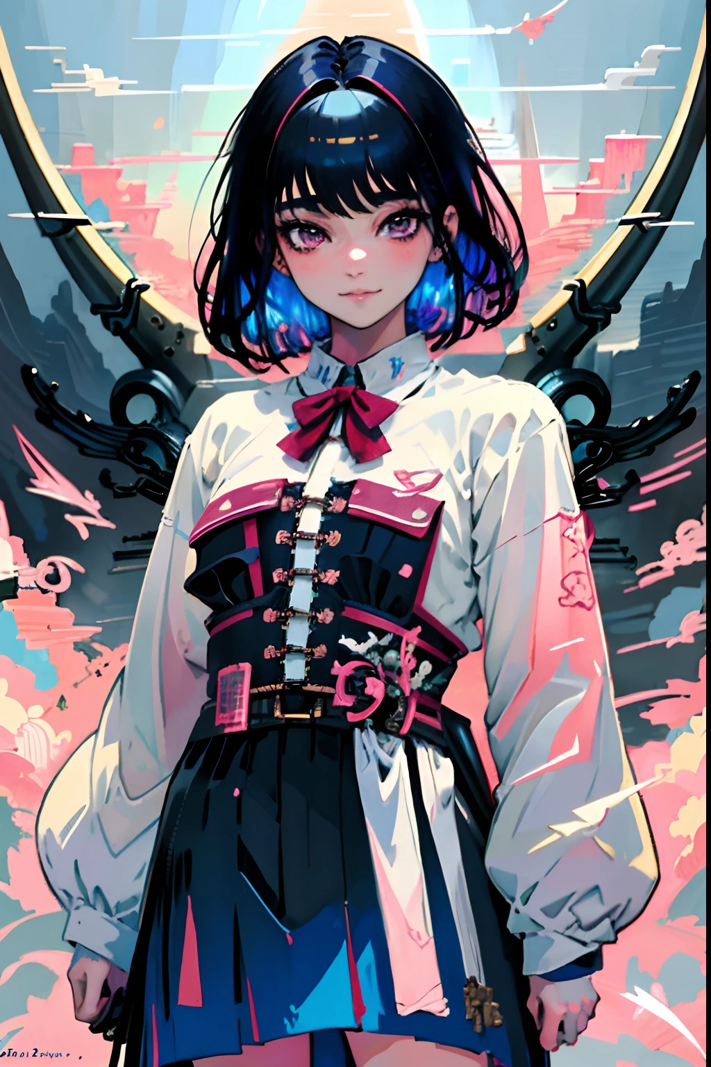 masterpiece, best quality, highly detailed, beautiful, 1girl, blue hair, short hair, pink eyes, fantasy style, classical japanese style clothes, white katana, smiling, happy expression, soft lighting, masterpiece, high fantasy, sci-fi, dynamic lighting, hyperdetailed, cowboy shot, sci-fi background, lens flare