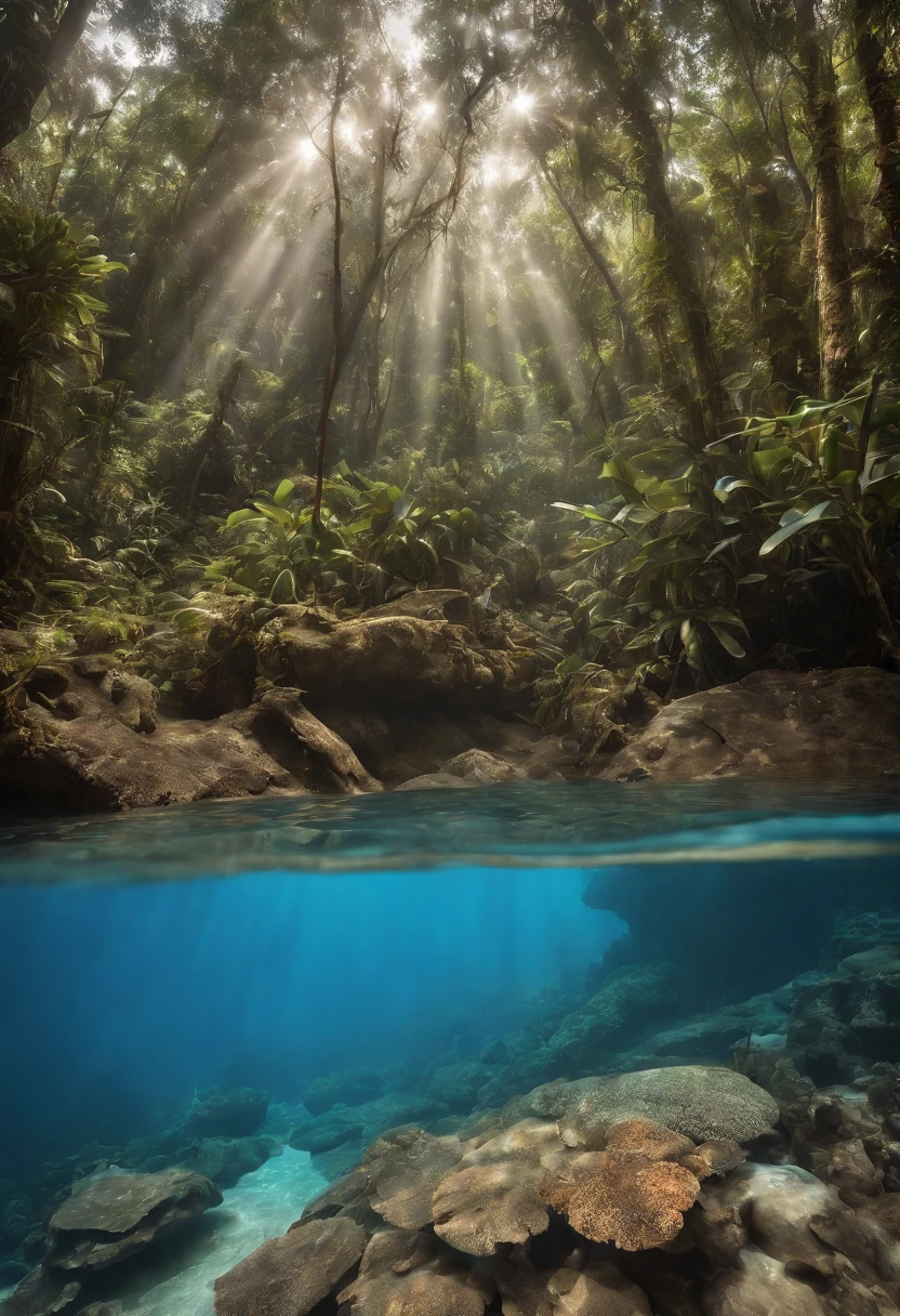 Two-level photograph with views above and below water level/Linha, uma grande cena floresta tropical, blue water, montanhas ao fundo verdejantes, intricate underwater worlds, Seapunk in the style of translucent water & surreal, Two-level photography, A two-level photograph of the great rainforest scene above the blue waterline