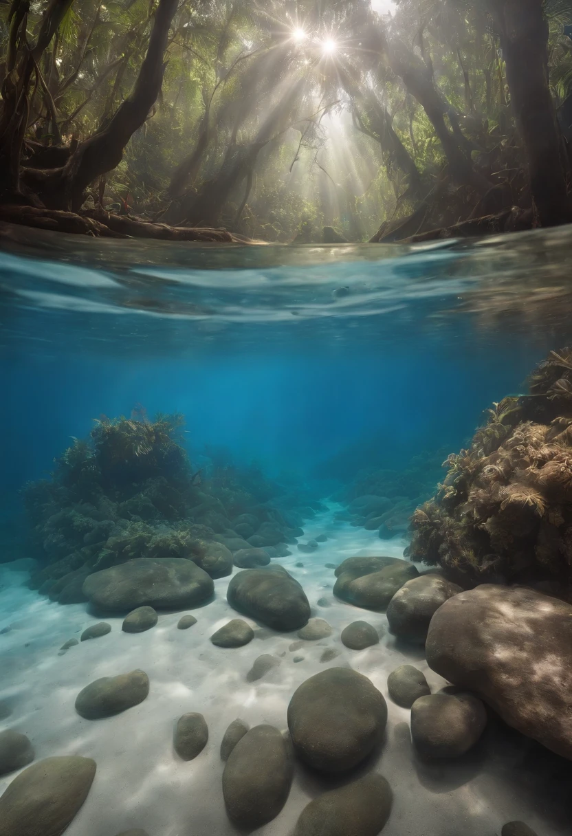 Two-level photograph with views above and below water level/Linha, uma grande cena floresta tropical, blue water, montanhas ao fundo verdejantes, intricate underwater worlds, Seapunk in the style of translucent water & surreal, Two-level photography, A two-level photograph of the great rainforest scene above the blue waterline