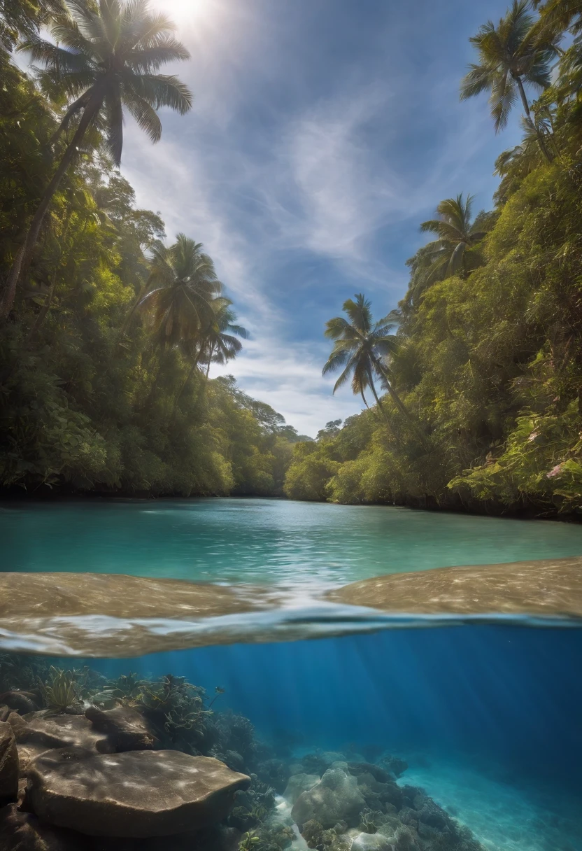 Two-level photograph with views above and below water level/Linha, uma grande cena floresta tropical, blue water, montanhas ao fundo verdejantes, intricate underwater worlds, Seapunk in the style of translucent water & surreal, Two-level photography, A two-level photograph of the great rainforest scene above the blue waterline