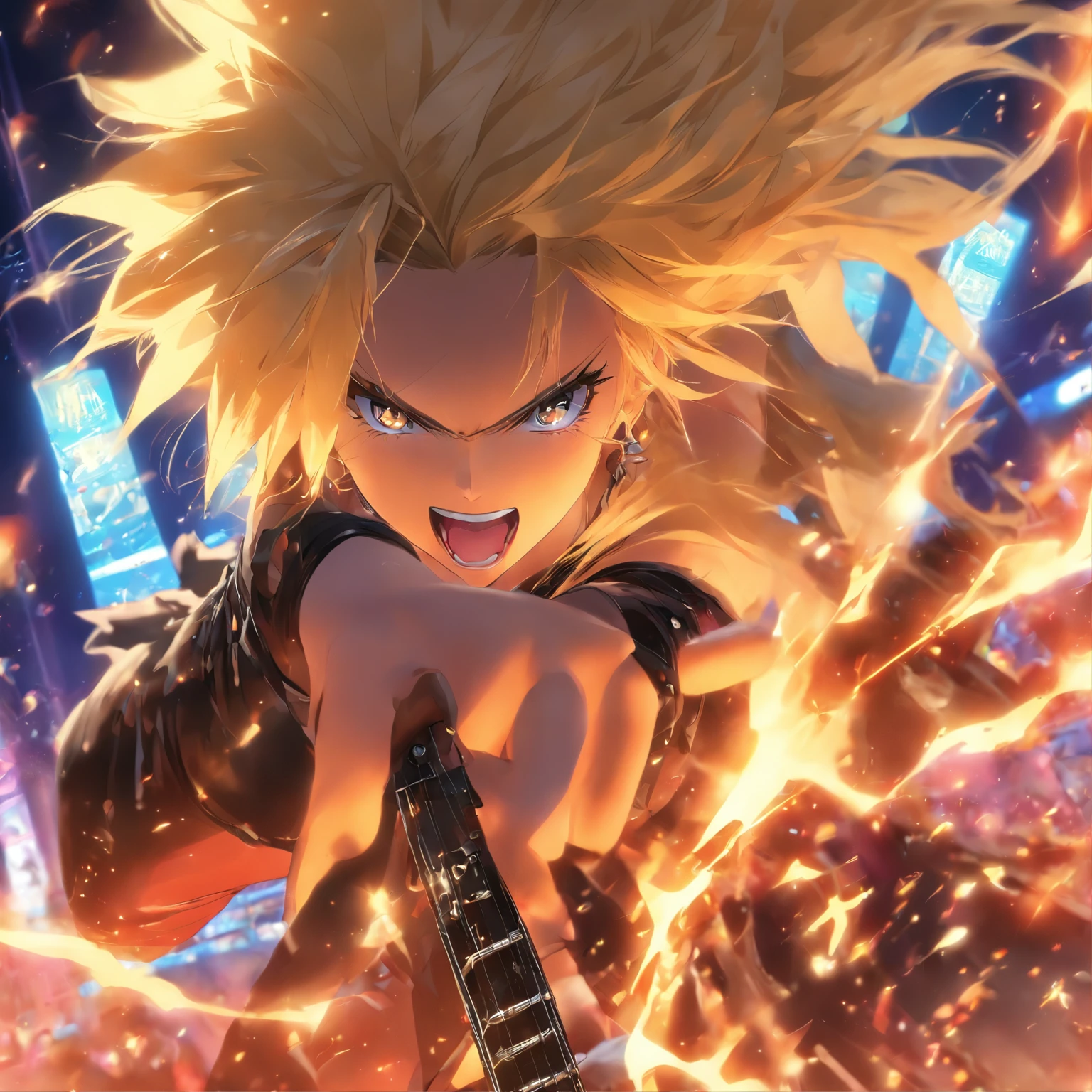 masterpiece、top-quality、hight resolution、High-quality images、8K、2 Maidens、skin gloss、Lustrous hair、cabelos preto e longos&platinum-blonde long hair、Superstar、rock band、musicians、Vocal&guitarrist、Black Leather Stage Costume、Intense performance、spot light、Hot