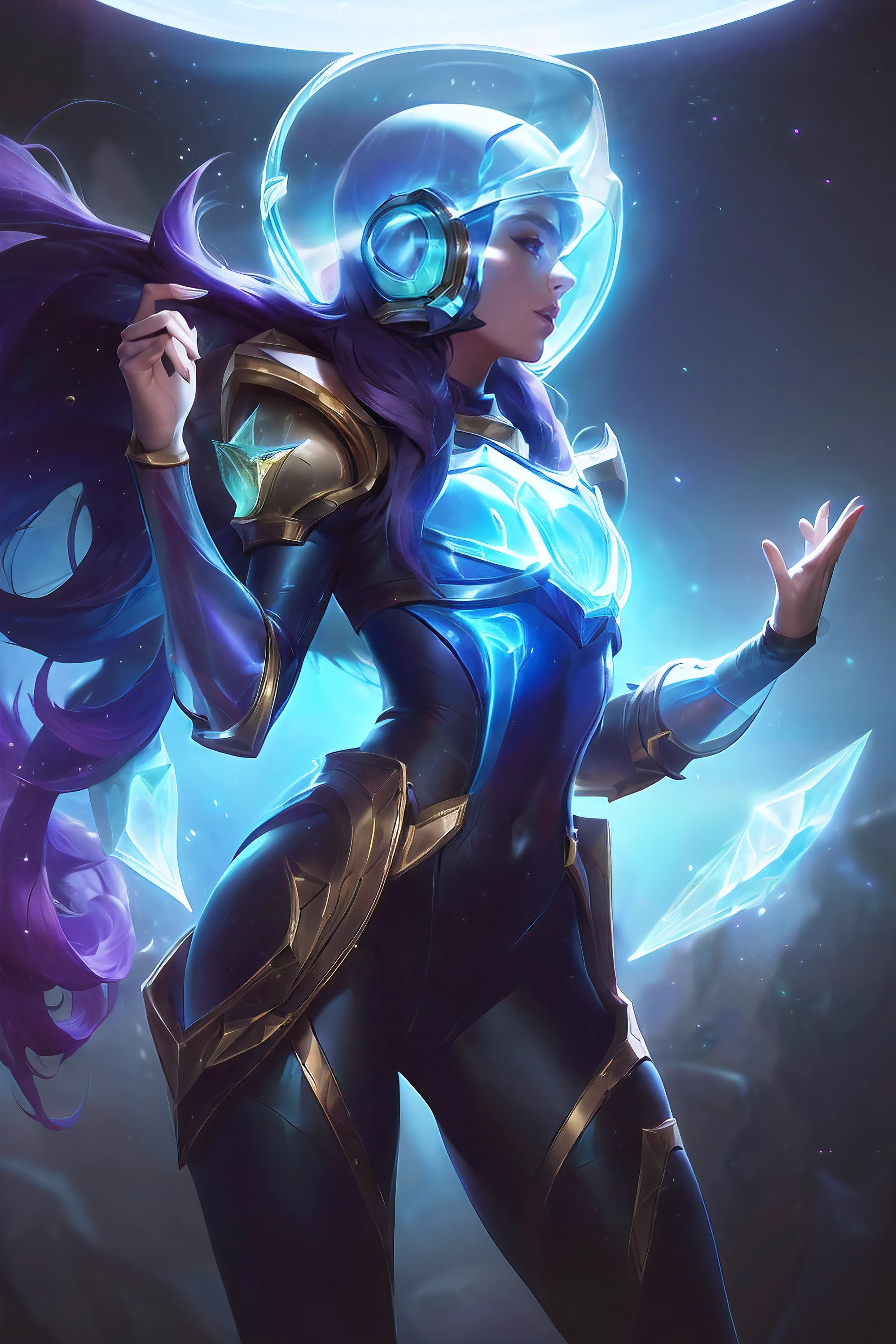 (League of Legends:1.5), masterpiece,best quality,masterpiece,best quality,Masterpiece,universe,space,reporting,floating in space,top quality,1girl,tights,mechanical,cowboy shooter,seen from above,medium breasts,(transparent space helmet:1.3),aerial,(space suit:1.1),(planet:1.1),
