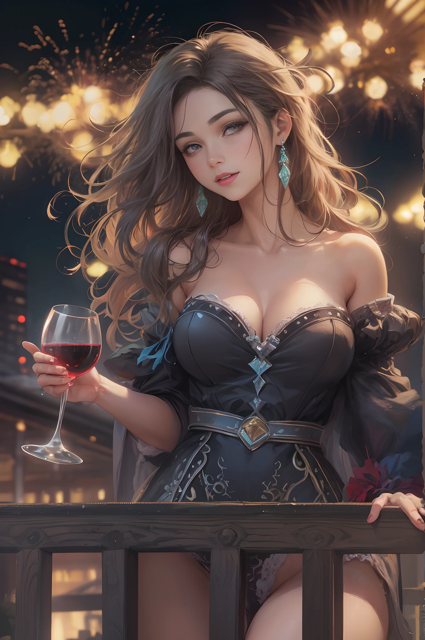 ((Holding a wine glass、Sexy and beautiful woman looking at me on the terrace)), ((The cutest 22-year-old beauty)), Charming smile, ((Fireworks in the background) ), ((Very long hair) ), ((One piece with a lot of exposed parts)), ((rich bust)), Gradient Eyes, Seductive makeup, single view, nffsw, nffsw, retinas, masutepiece, acurate, Scientifically correct anatomy, Textured skin, Super Detail, high detailing, High quality, awardwinning, Highest Quality, High resolution, 1080p, hard disk, 4K, 8K, 16 K