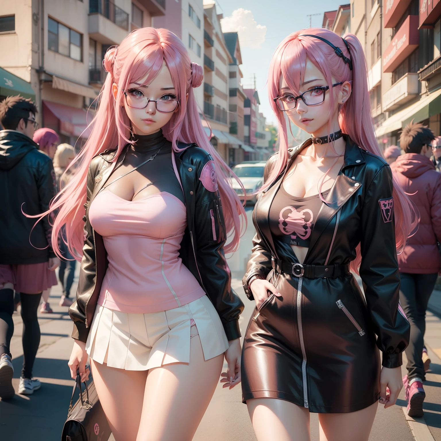 girl,light skin tone,red eyes,2 color hair, Pink and black,high,body with hourglass figure,He wears a dark jacket over a white t-shirt,pink shorts and red jordan sneakers