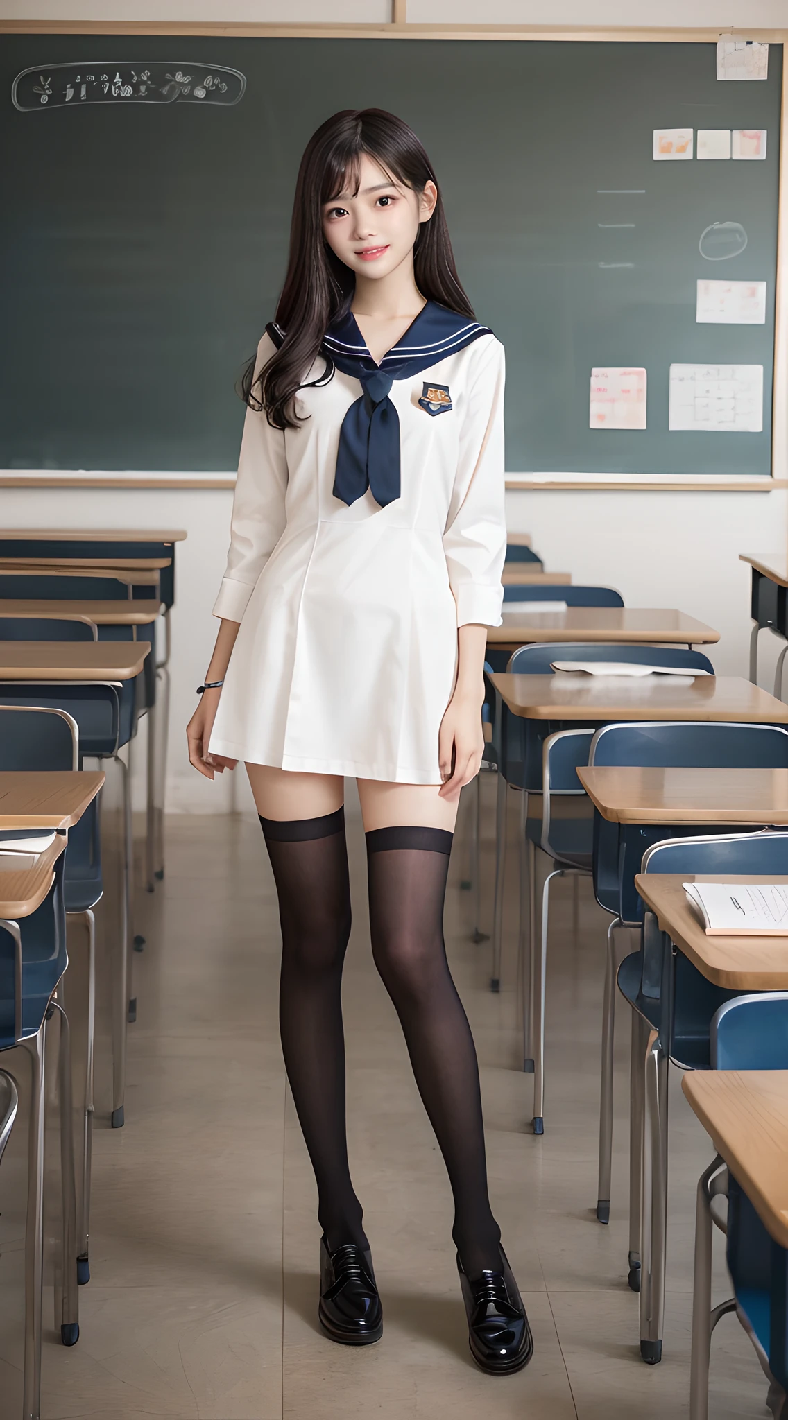 1girl, Cute, Black-haired, , Smile, Looks pure, sailor suit, Photography, Realistic, Best Quality, Detailed face, Full body, slender, Slender legs, Long legs, Wearing thigh-high socks, shoes on, School, classroom, dynamic pose