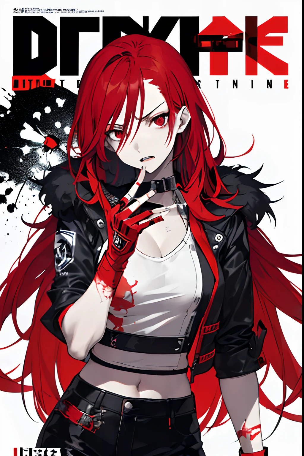 ((((dramatic))), (((gritty))), (((intense))) film poster featuring a young woman as the central character with long hair. She stands confidently in the center of the poster, wearing a stylish and edgy outfit, with a determined expression on her face. The background is red and gritty, with a sense of danger and intensity. The color palette is mainly dark with splashes of vibrant colors, giving the poster a dynamic and visually striking appearance,tachi-e (magazine:1.3), (cover-style:1.3), fashionable, woman, vibrant, outfit, posing, front, colorful, dynamic, background, elements, confident, expression, holding, statement, accessory, majestic, coiled, around, touch, bold, attention-grabbing, title, stylish, catchy, headline, larger, striking, modern, trendy, focus, fashion,