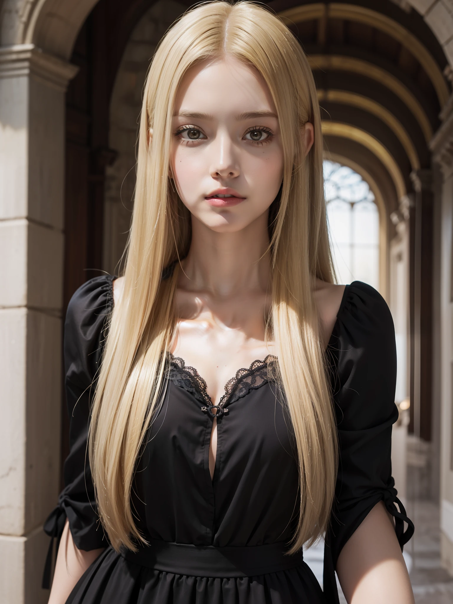 Realistic, blonde woman about 20 years old, long and straight hair parted in the middle, with suspended eyes and yellow pupils, facing front, posing for a photo in a castle, wearing a little black dress