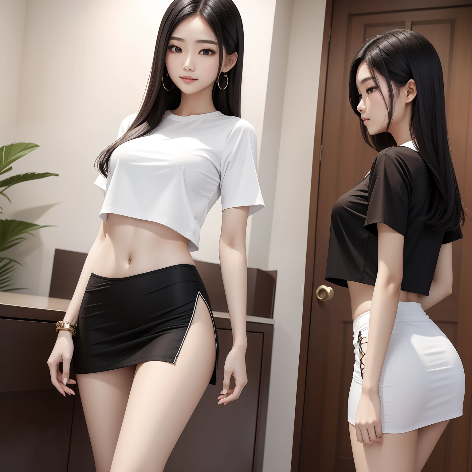 Asian Woman Semi-long Sareme white t-shirts a navel Black Micro Mini Skirt