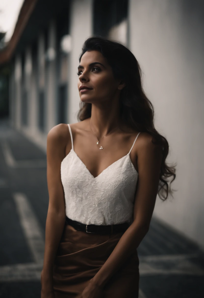 1 mulher, cabelos pretos, Pupilas azuis, rosto delicado, fofo, brincos de amor, vestido branco, in front of the police station, surreal, marstubating