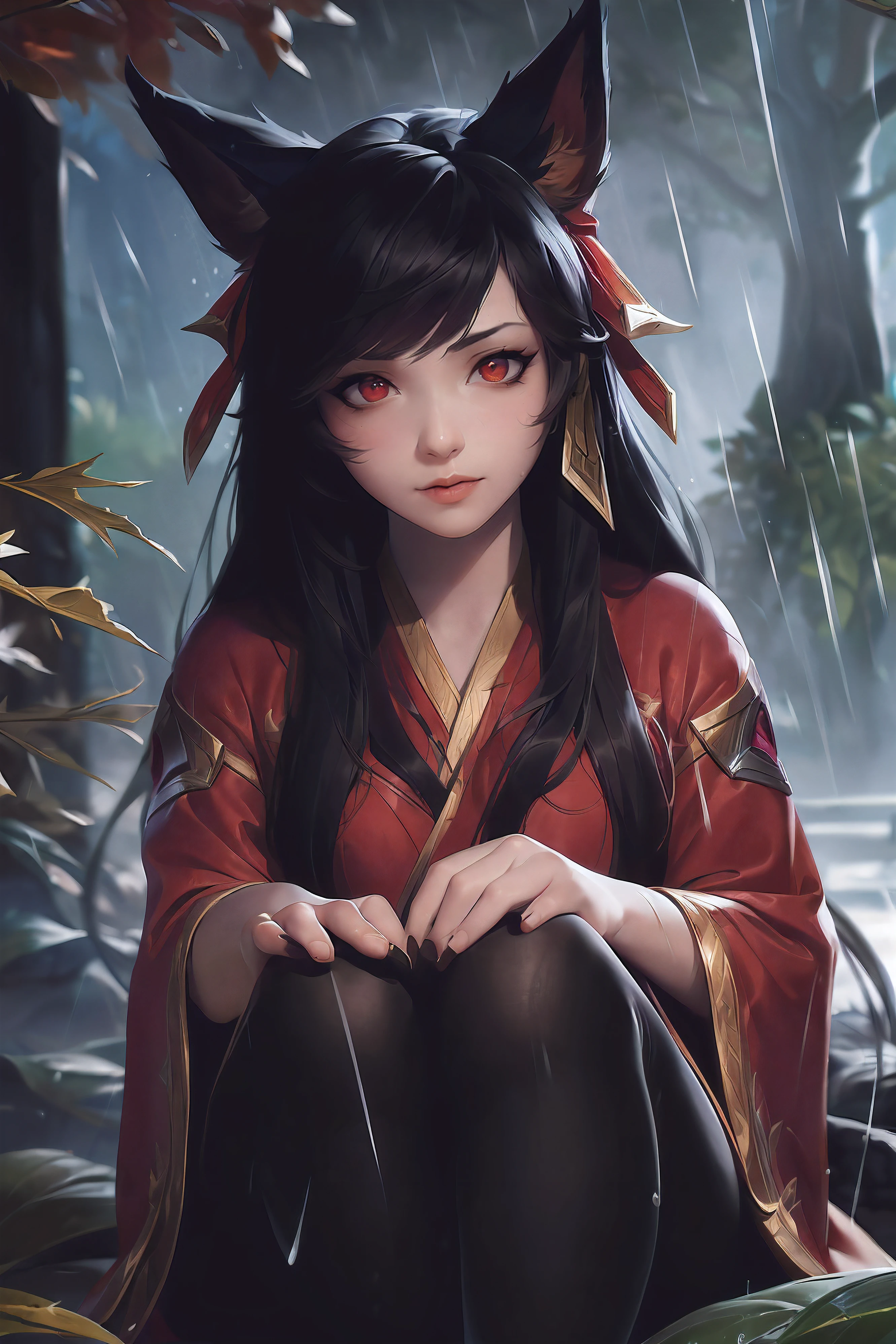 (League of Legends:1.5), (detailed manga illustration:1.2),(masterpiece:1.25),(best quality), (ultra-detailed:1.25),(idyllic),chinese classical style, (rain:1.2),raindrop, (maplegrove:1.3),dense leaves, rockery landscapr, spring water, [ink painting], (mournful, poignant), (color splashing:1.15),(watercolor:1.2),(depth of field:1.25),(solo:1.5) ,[ghostdom], backlight, [looking to the side],
(1 beautiful girl:1.25) with (chinese hanfu: dark red+black),(chinese antiquities) and gorgeous,(hair ribbon),(fox ears),(detailed beautiful red eyes:1.15), (beautiful face:1.15), (black long hair, gradual dark red colored tips), (fox tail),(maple leaves, fallen leaves),soaking feet, expressionless, sitting under a maple tree,