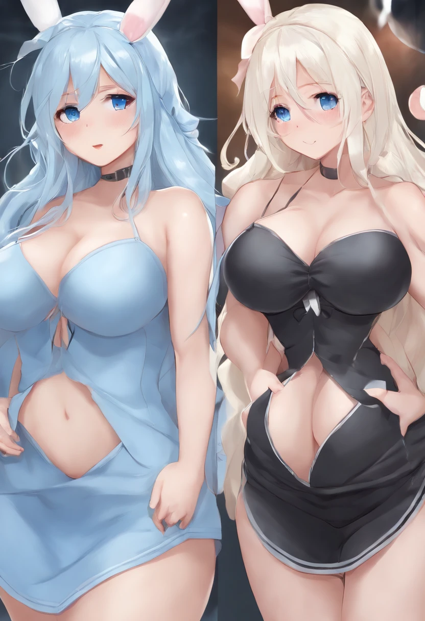 1girl, naked, ((big boobs)), ((long light blue hair)), cute anime rabbit girl, yandere, blue eyes, tits out, , sweatdrop, , sweat, (blush:1.1), seductive pose, sexy, ((big ass)), wet , breast milk, cum, happy, lewd, ((:3 face)), ((cum all over)), hair tried back, heart, heart-shaped pupils, light blue rabbit ears, light blue rabbit tail, nude, ((creampie)), ((cum all over)), sperm,