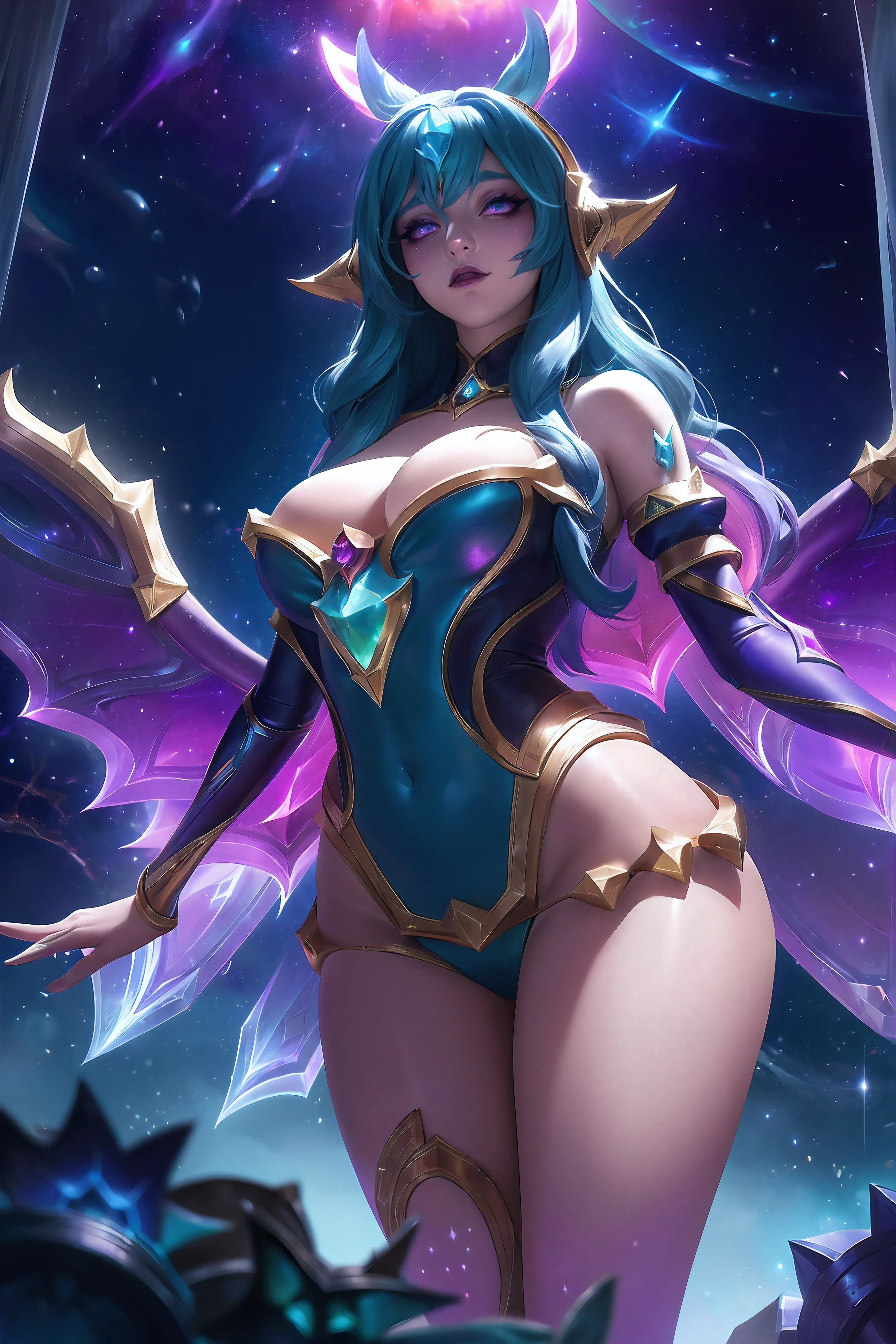 (League of Legends:1.5),Legendary skins "Cosmic Elf Bambi" Bring the forest elves into an awesome cosmic realm, Turn her into a celestial being with great power and wonder.
In splash art, The appearance of Bambi underwent an amazing cosmic transformation. She now stands in a glowing and ethereal presence, Decorated with celestial motifs and glowing stardust. Her wings twinkle with traces of stardust, Symbolizes her celestial connection.
Her costumes now reflect the grandeur of the universe, Has complex patterns of stars and galaxies, Symbolizes her affinity with cosmic forces.
Bambi's eyes flashed with cosmic energy, Convey cosmic wisdom and otherworldly power. Her posture exudes heavenly elegance and confidence, As if she holds the secrets of the universe.
in the background, The celestial wonders unfold, Has a breathtaking nebula, swirling galaxies, The glittering stars add wonder and cosmic majesty.
The color palette is a fascinating blend of cosmic hues, Featuring dark blue, purples, and vibrant stardust, Creates a charming and ethereal atmosphere.