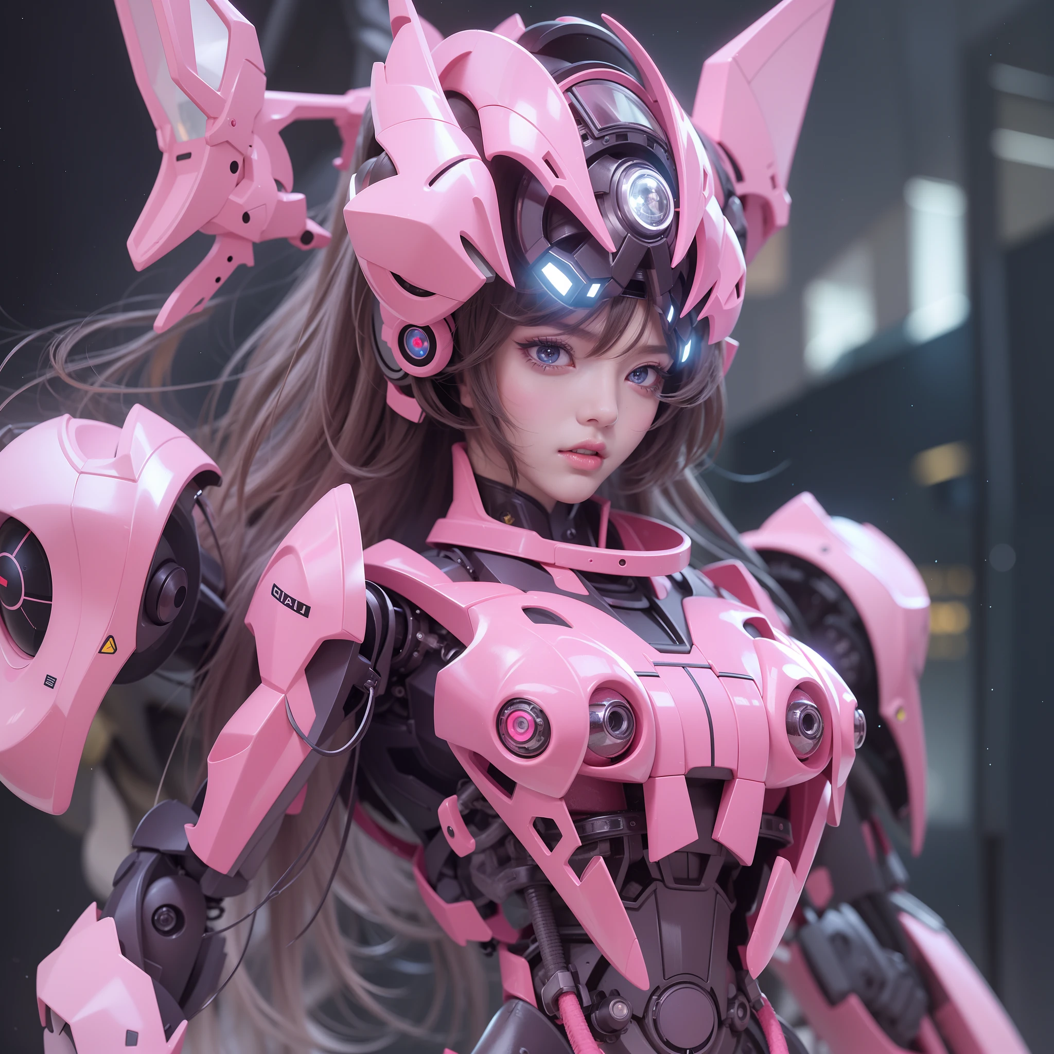 machinery suit、Mechanical body、Skeletal、Mecha mask close-up、Gothic girl、Makeup、(hentail realism、A high resolution)、(1 girl in)、eye、Korean girl、(Best quality), (masutepiece), (1girl in), Solo, a beauty girl, Perfect face,,DreamlikeArt、Highly detailed airbrush art((Surreal))、voluminetric lighting、(top-quality)、The ultra-detailliert、Rear space、The star slowly tilts westward。Light brings light to the machine、Create beautiful scenes。Her eyes glow visibly pink。Lots of stars