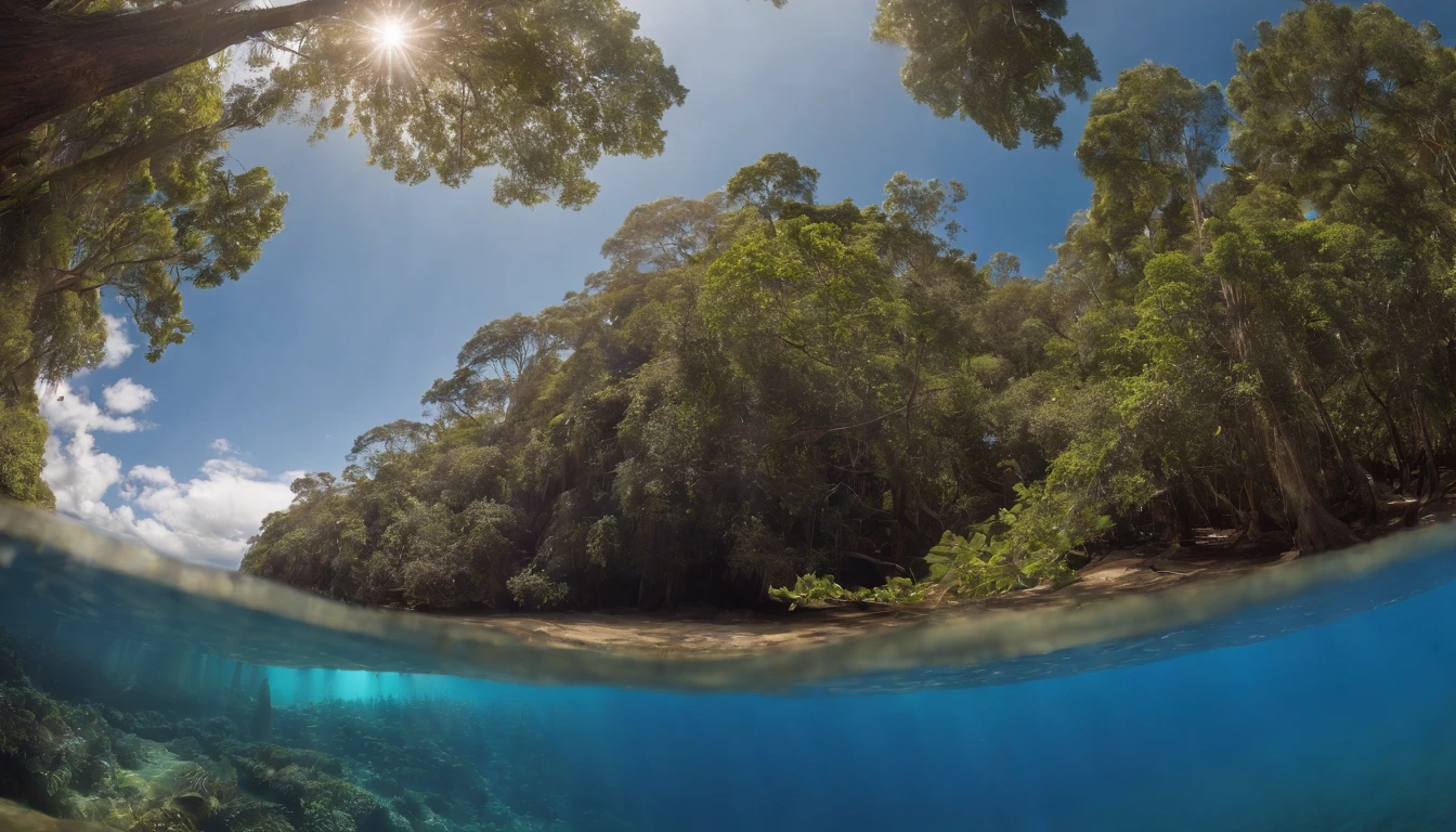 Two-level photograph with views above and below water level/Linha, uma grande cena floresta tropical, blue water, montanhas ao fundo verdejantes, intricate underwater worlds, Seapunk in the style of translucent water & surreal, Two-level photography, A two-level photograph of the great rainforest scene above the blue waterline