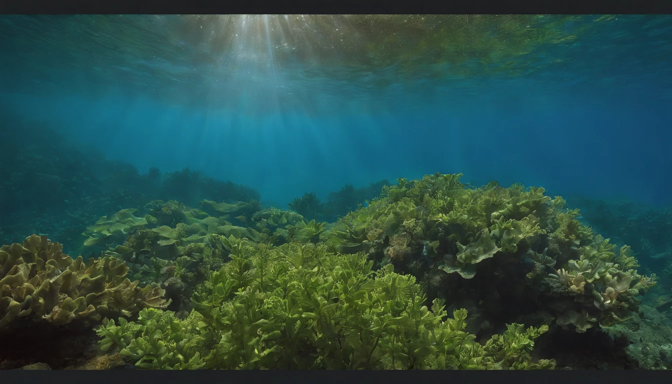 Two-level photograph with views above and below water level/Linha, uma grande cena floresta tropical, blue water, montanhas ao fundo verdejantes, intricate underwater worlds, Seapunk in the style of translucent water & surreal, Two-level photography, A two-level photograph of the great rainforest scene above the blue waterline