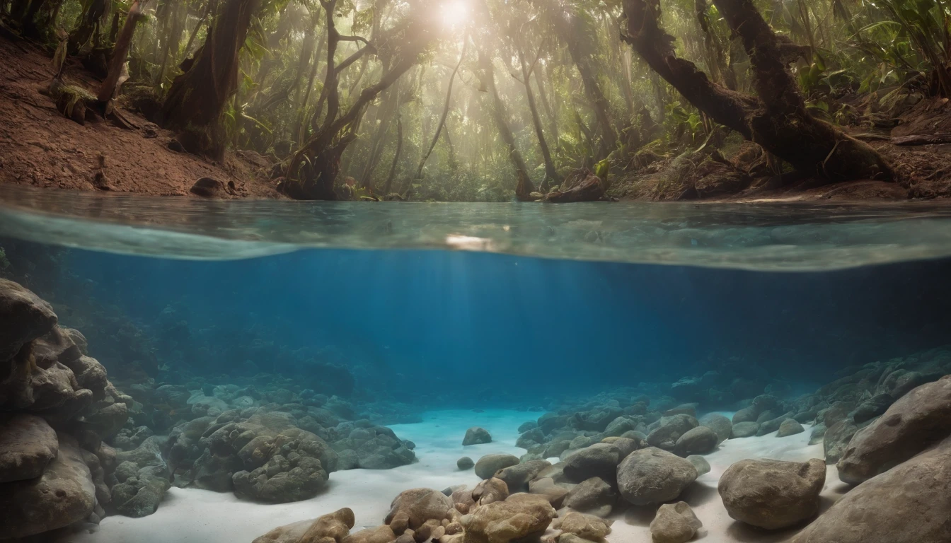 Two-level photograph with views above and below water level/Linha, uma grande cena floresta tropical, blue water, montanhas ao fundo verdejantes, intricate underwater worlds, Seapunk in the style of translucent water & surreal, Two-level photography, A two-level photograph of the great rainforest scene above the blue waterline