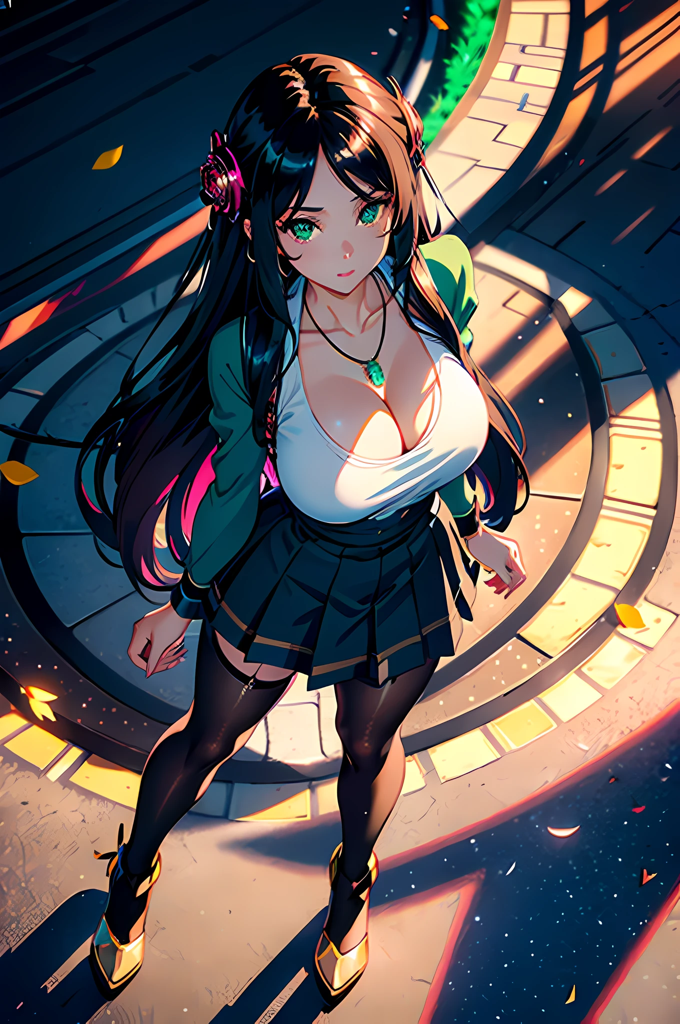 (Masterpiece: 1.4), (Best quality: 1.4), 8K, HD, ultra clear,(sun glare), holographic glow, light particles, raytraced, hyperdetailed skin, 1girl,(very gigantic boobs, cleavage, skindentation:1.4), (moe anime art style:1.1) ((solo)), cute, kawaii,digital art,((1 anime schoolgirl, hair ornament)) ,((shiny ebony hair,very long straight hair)), ((finely detailed face and eyes, green eyes)),clear pupil, extremely gorgeous, ((gorgeous necklace)), ((beautiful background, futurism, city, park)),flowers,flower petals flowing,full body, shot on dslr camera, shot by MSchiffer, 32k resolution, pantyhose, stockings