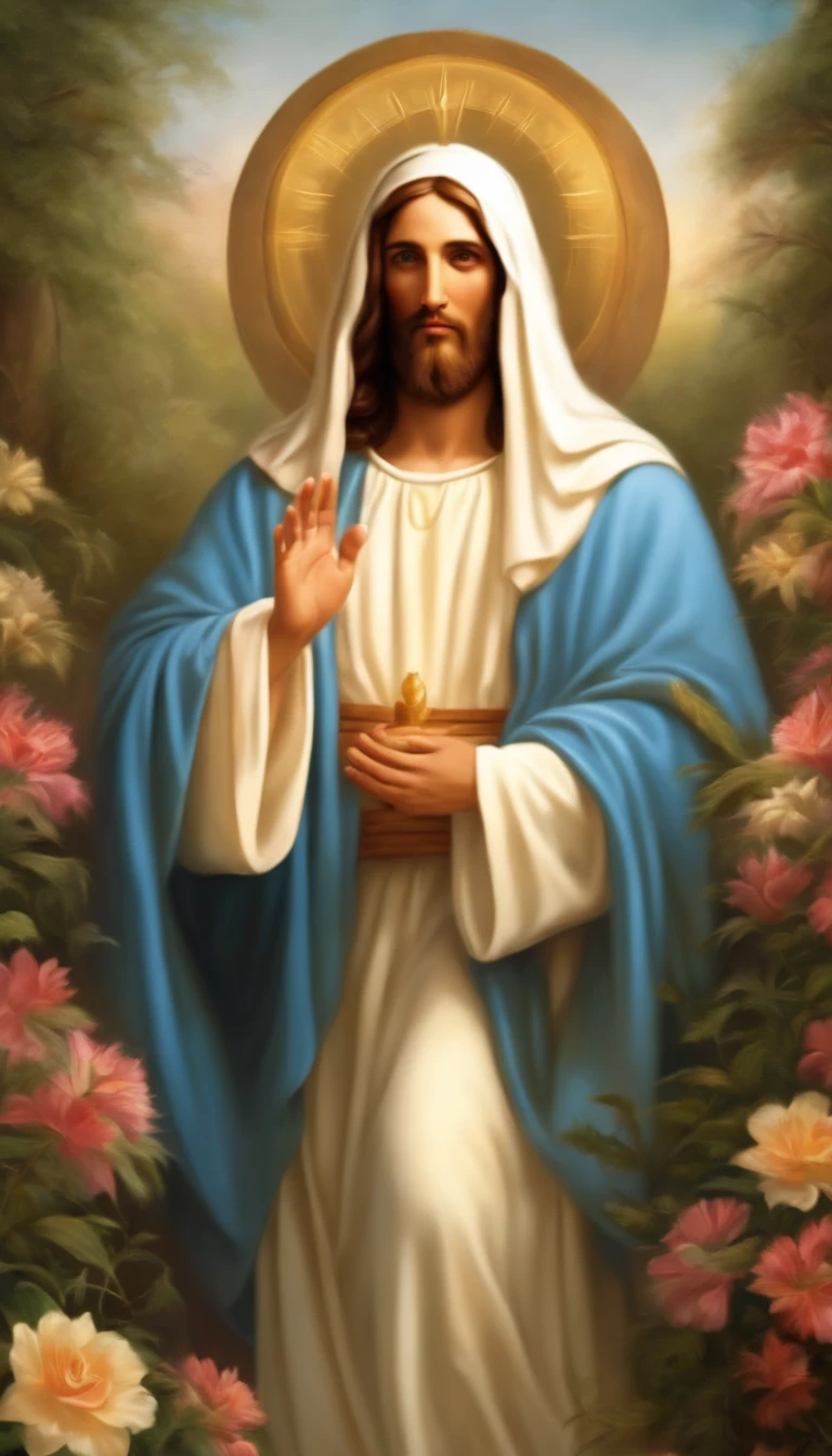Por favor, create a high-definition image of Jesus Christ in a serene and inspiring setting, where He radiates love and compassion. A imagem deve capturar Sua bondade e divindade, com cores suaves e uma atmosfera de paz. Make sure the image is detailed and suitable for large-format printing.