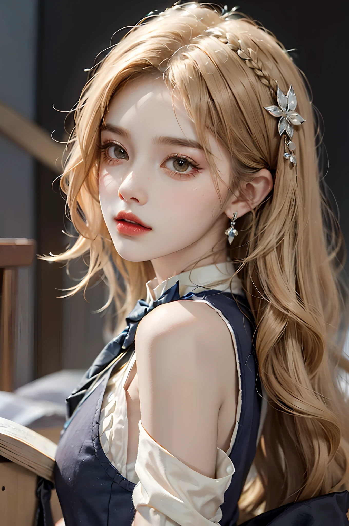 ((full budy)), ((from side)), ((looking ahead)), ((realistic)), ((Stand up)), inside a classroom, 1girll, Asian model, curlies, Beautiful hair accessories, Brownish-yellow hair,((Black vest, neck bowtie, White pleated skirt)), Campus style, (warm lights, a warm color palette), Detailed details, ultra-detailliert, (tmasterpiece, best qualtiy), (An extremely delicate and beautiful work), Delicate earrings, Simple blurred background, Extreme detail description, Ultra-fine painting, Delicate face, slim toned body