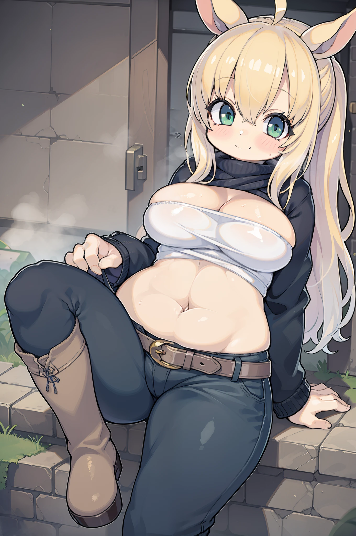 (horse:1.3), Pants, Cowboy Shot, 1girl in, Blonde hair, Long hair, Green eyes, Solo, Ahoge,Midriff, long boots, Smile, Navel,Belt bag, cleavage, BREAK,