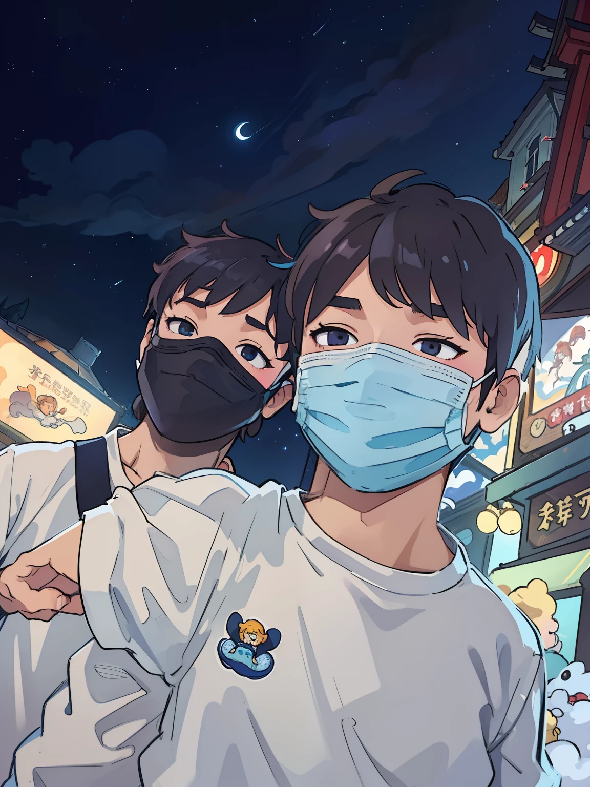 ​masterpiece､hight resolution､depth of fields、dynamic ungle､2boys in､校服､Disney Parks､popcorn､The Little Mermaid Area､Bomao､a smile, night sky, wearing masks, selfie