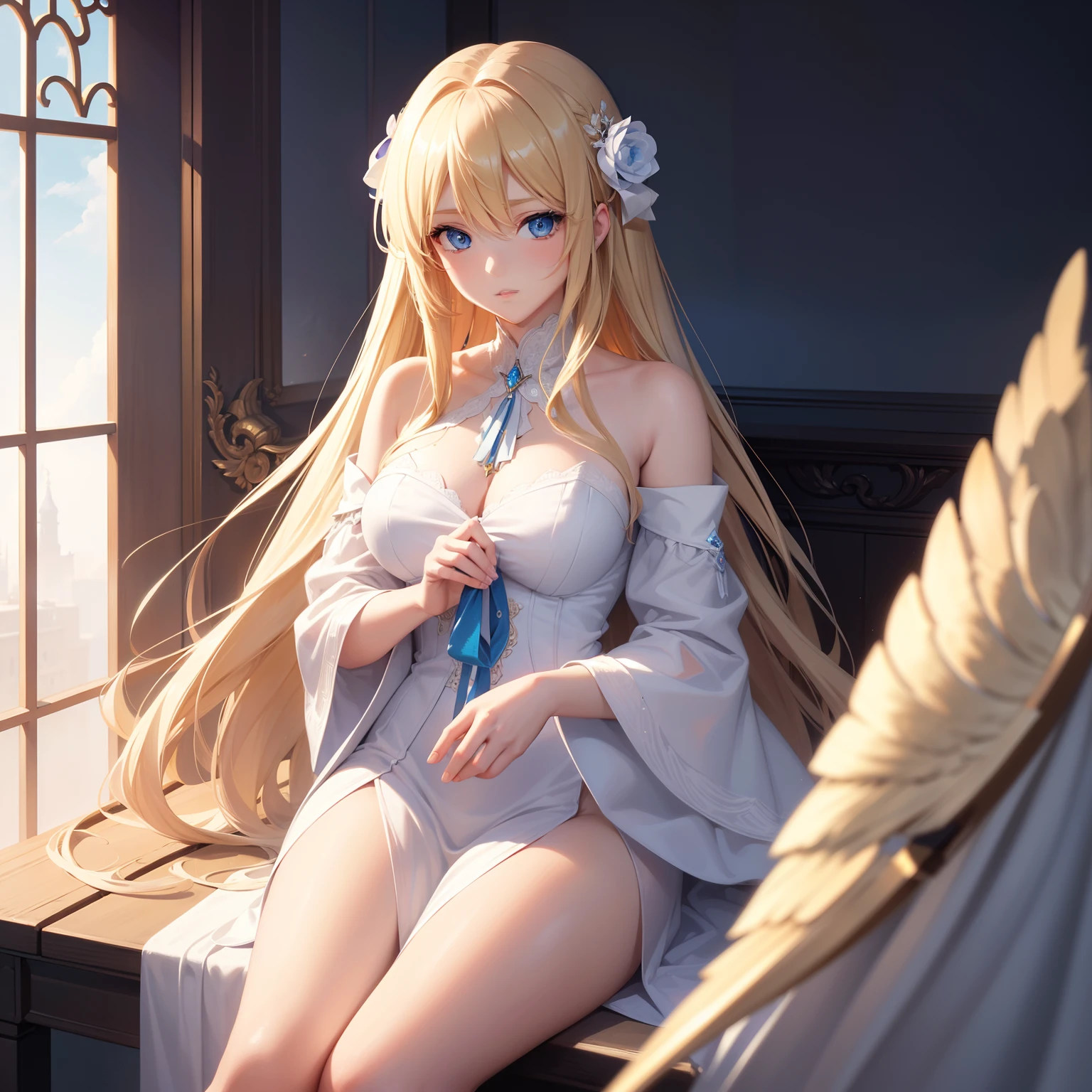 masterpiece, high resolution, illustration, a angelic woman with a blonde hair and a blue eyes, looking mysterious and magical with anime style