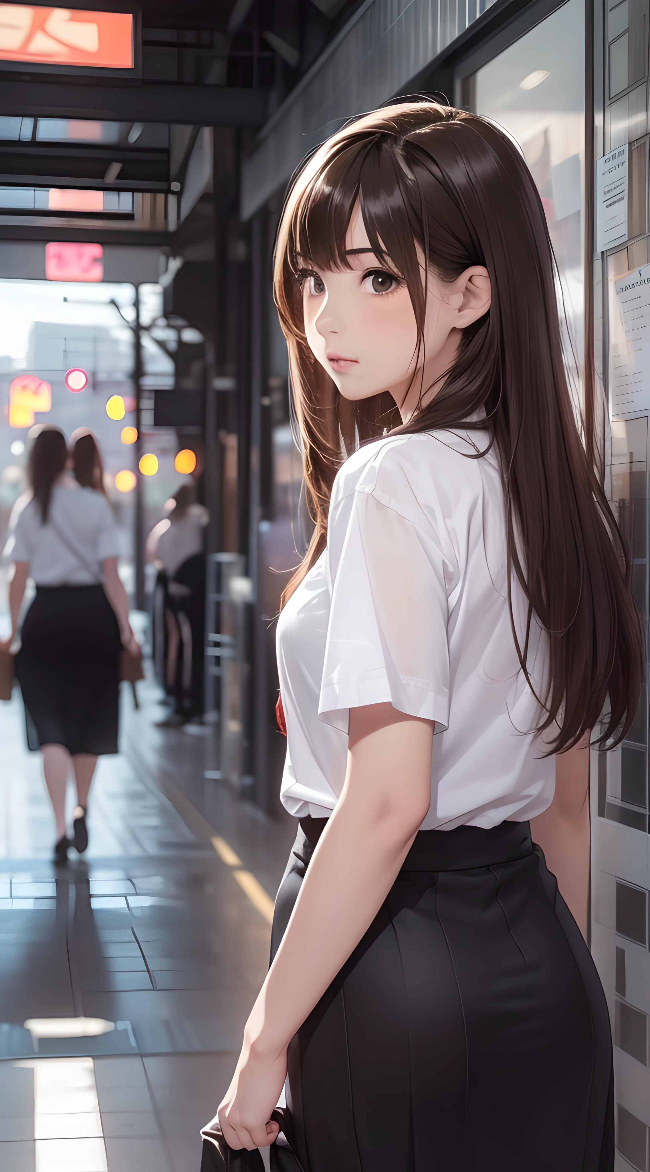 (1girl:1.3), (photorealistic:1.4), (masterpiece, top quality, best quality, official art), extreme detailed, highest detailed, (ultra-detailed), ((an extremely delicate and beautiful)), cinematic light, contemporary,
silky long hair, (brown hair),
she Walking at the station, in evening,
shirt, long skirt,
upper body, from above,
shy, blush, (looking back:1.4)