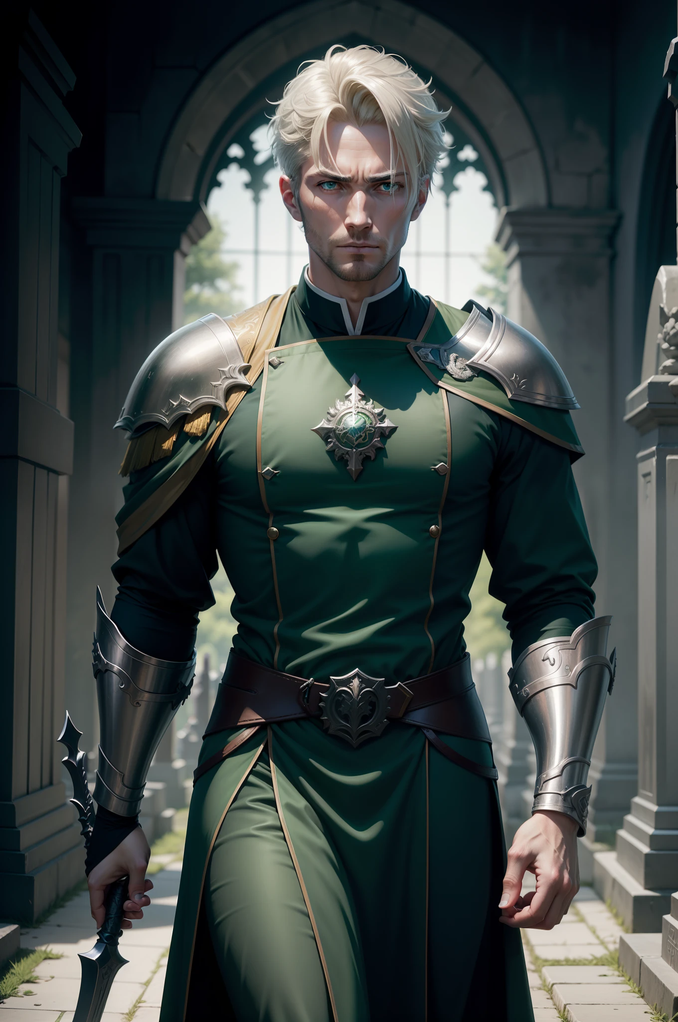 realistic image and in 8k, of a handsome man, 35 years old, strong, blond, short hair, extremely detailed green eyes, dressed in dark green clerical clothes and with silver shoulder pads, rpg warrior style, mournful expression, at the entrance of a cemetery night, anime style art