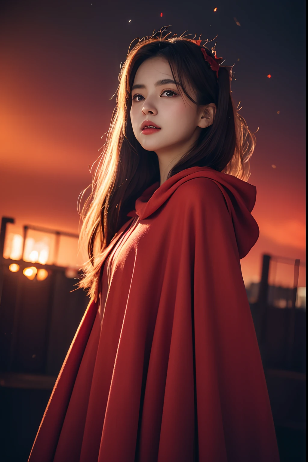 RAW photo, full sharp, (Full HD epic wallpaper) 8K UHD, Digital SLR, Soft lighting, High quality, filmgrain, Fujifilm XT3, hiqcgbody, (1人, Kizi:1.2), vulnerable, Red eyes, Long gray hair,Storm,Fluttering hair, buzz cut, Style - Gravity magic, Portrait, Looking down, Solo, Half shot, Detailed background, Detailed face, Pale complexion,(( Lolita costume)), redcloak, Cape, Hood, malicious expression, The scarlet symbol rotates in the air,(Floating particles, Fire particles, particle fx), Skylight color scheme, red flames, the are In the background, Surrounded by a crimson mist, Sunset, symetrical composition, Epic atmosphere,