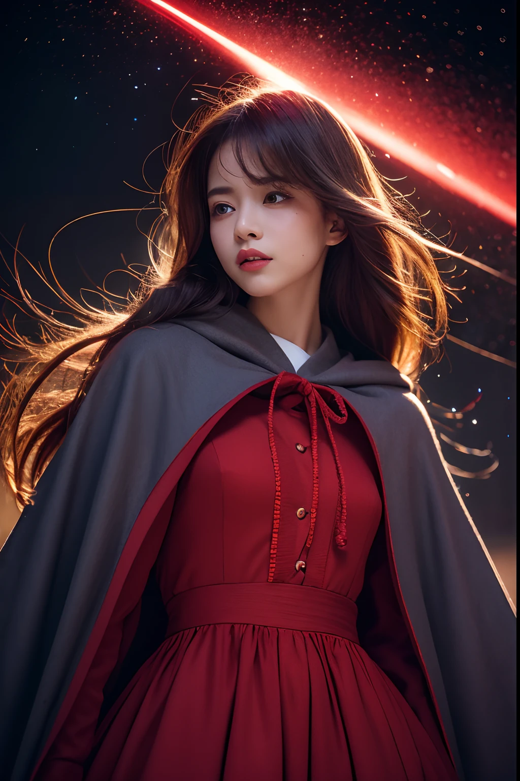 RAW photo, full sharp, (Full HD epic wallpaper) 8K UHD, Digital SLR, Soft lighting, High quality, filmgrain, Fujifilm XT3, hiqcgbody, (1人, Kizi:1.2), vulnerable, Red eyes, Long gray hair,Storm,Fluttering hair, buzz cut, Style - Gravity magic, Portrait, Looking down, Solo, Half shot, Detailed background, Detailed face, Pale complexion,(( ta costume)), redcloak, Cape, Hood, malicious expression, The scarlet symbol rotates in the air,(Floating particles, Fire particles, particle fx), Skylight color scheme, red flames, the are In the background, Surrounded by a crimson mist, Sunset, symetrical composition, Epic atmosphere,