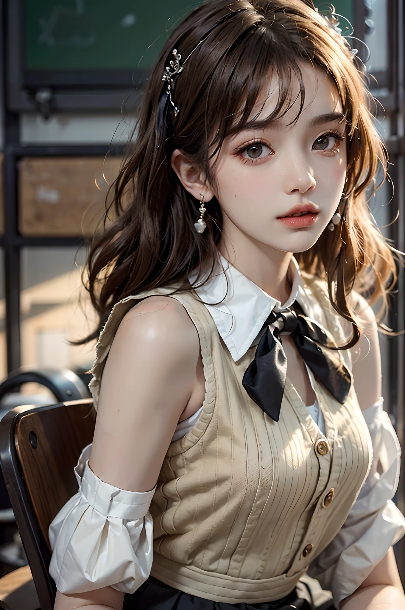 ((full budy)), ((Front Shooting)), ((looking ahead)), ((realistic)), ((Sit Pose, inside a classroom, sitting on the classroom desk)), 1girll, Asian model, curlies, Beautiful hair accessories, Brownish-yellow hair,((Black vest, neck bowtie, White pleated skirt)), Campus style, (warm lights, a warm color palette), Detailed details, ultra-detailliert, (tmasterpiece, best qualtiy), (An extremely delicate and beautiful work), Delicate earrings, Simple blurred background, Extreme detail description, Ultra-fine painting, Delicate face, slim toned body