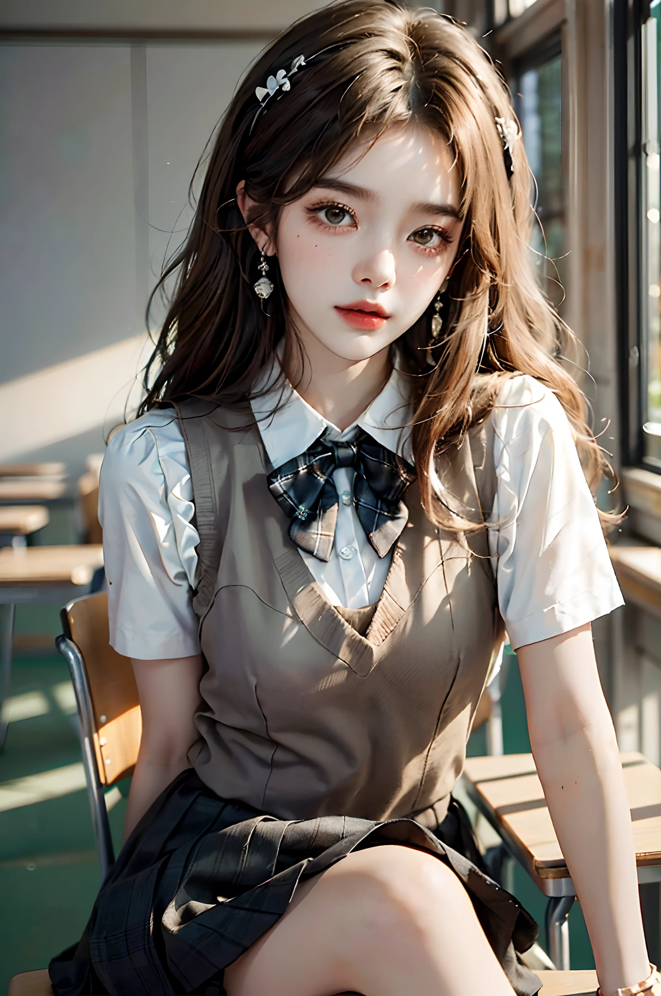 ((full budy)), ((Front Shooting)), ((looking ahead)), ((realistic)), ((Sit Pose, inside a classroom, sitting on the classroom desk)), 1girll, Asian model, curlies, Beautiful hair accessories, Brownish-yellow hair,((Black vest, neck bowtie, White pleated skirt)), Campus style, (warm lights, a warm color palette), Detailed details, ultra-detailliert, (tmasterpiece, best qualtiy), (An extremely delicate and beautiful work), Delicate earrings, Simple blurred background, Extreme detail description, Ultra-fine painting, Delicate face, slim toned body