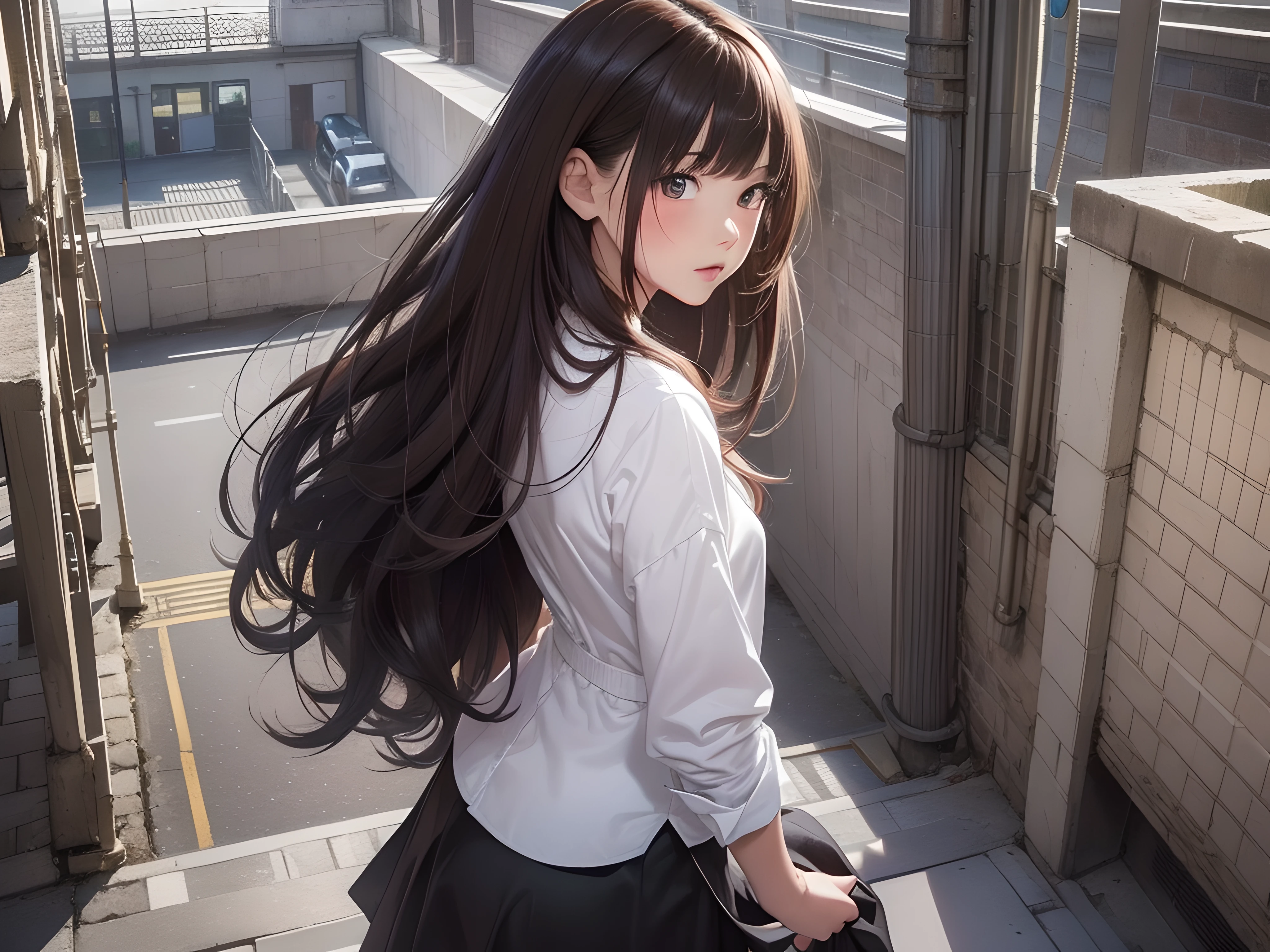 (1girl:1.3), (photorealistic:1.4), (masterpiece, top quality, best quality, official art), extreme detailed, highest detailed, (ultra-detailed), ((an extremely delicate and beautiful)), cinematic light, contemporary,
silky long hair, (brown hair),
she Walking at the station, in evening,
shirt, long skirt,
upper body, from above,
shy, blush, (looking back:1.4)