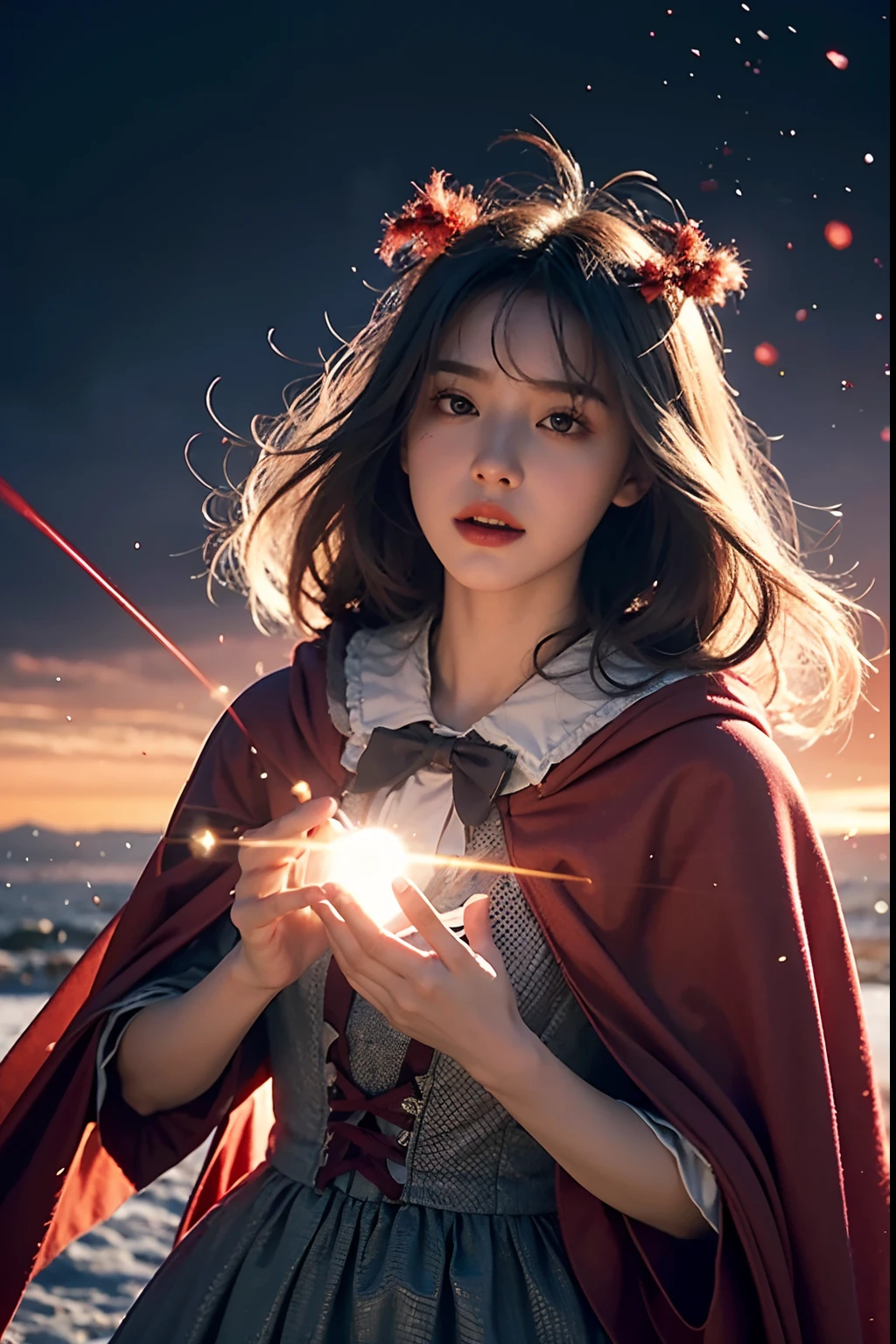 RAW photo, full sharp, (Full HD epic wallpaper) 8K UHD, Digital SLR, Soft lighting, High quality, filmgrain, Fujifilm XT3, hiqcgbody, (1人, Kizi:1.2), vulnerable, Red eyes, Long gray hair,Storm,Fluttering hair, buzz cut, Style - Gravity magic, Portrait, Looking down, Solo, Half shot, Detailed background, Detailed face, Pale complexion,(( Lolita costume)), redcloak, Cape, Hood, malicious expression, The scarlet symbol rotates in the air,( Floating particles, Fire particles, particle fx), Skylight color scheme, red flames, the are In the background, Surrounded by a crimson mist, Sunset, symetrical composition, Epic atmosphere,