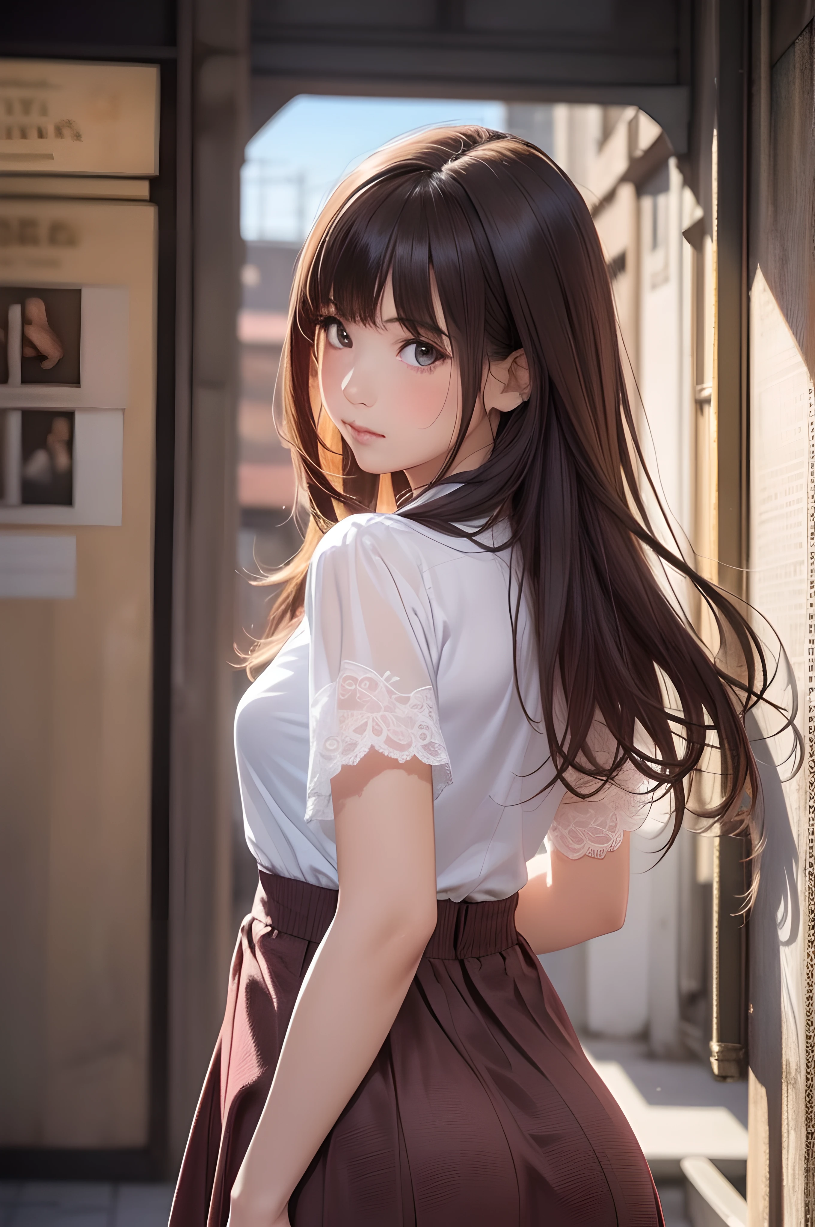 (1girl:1.3), (photorealistic:1.4), (masterpiece, top quality, best quality, official art), extreme detailed, highest detailed, (ultra-detailed), ((an extremely delicate and beautiful)), cinematic light, contemporary,
silky long hair, (brown hair),
she Walking at the station, in evening,
shirt, long skirt,
upper body, from above,
shy, blush, (looking back:1.4)
