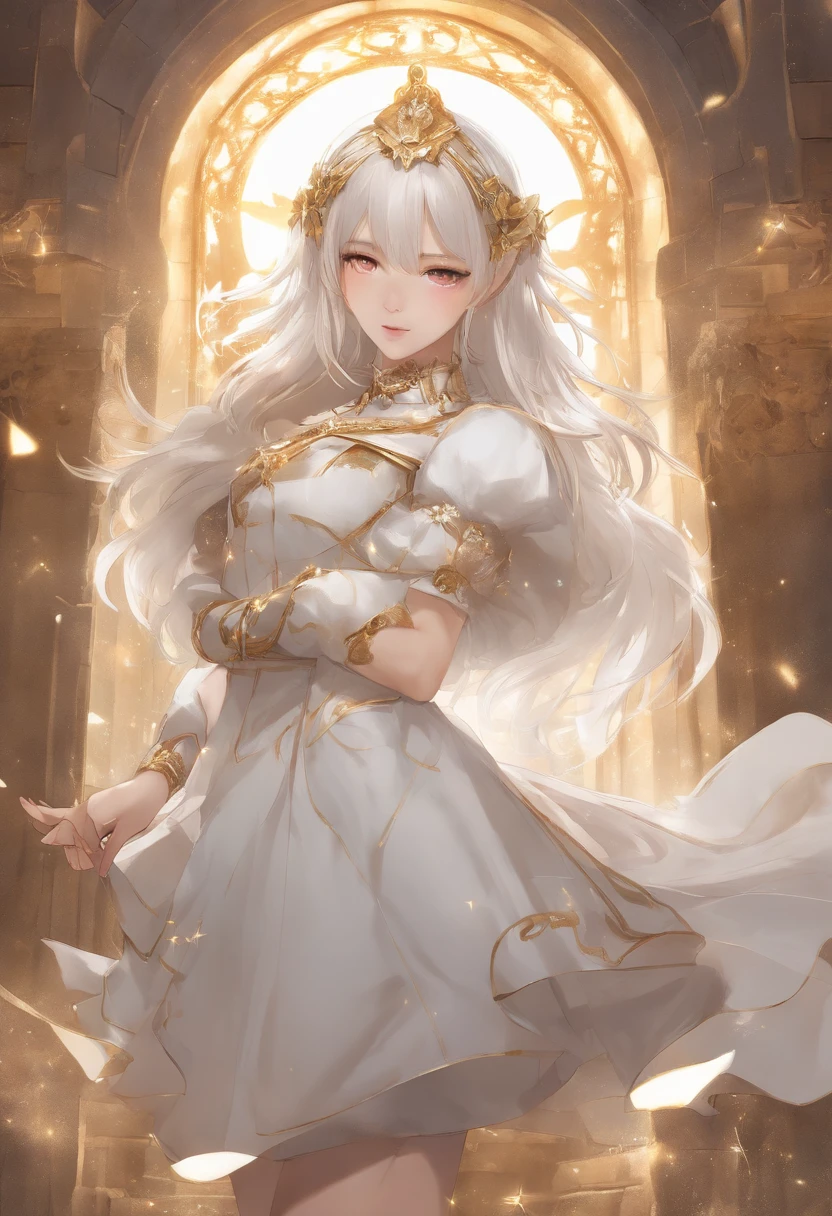 portrait, long hair, white hair, golden eyes, 1girl, head, face, magical girl, absurdres, masterpiece, best quality, magical girl costume, ((mahou shoujo)), short hair, desolation, ruins, dynamic pose, apocalypse, spellcasting, Style-Glass, full body shot